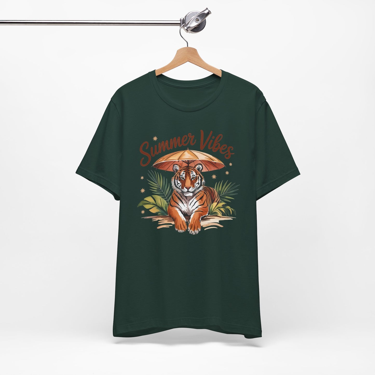 Camiseta Summer Vibes Tiger – Gráfico de palmeras de la selva con paraguas | Múltiples opciones de color