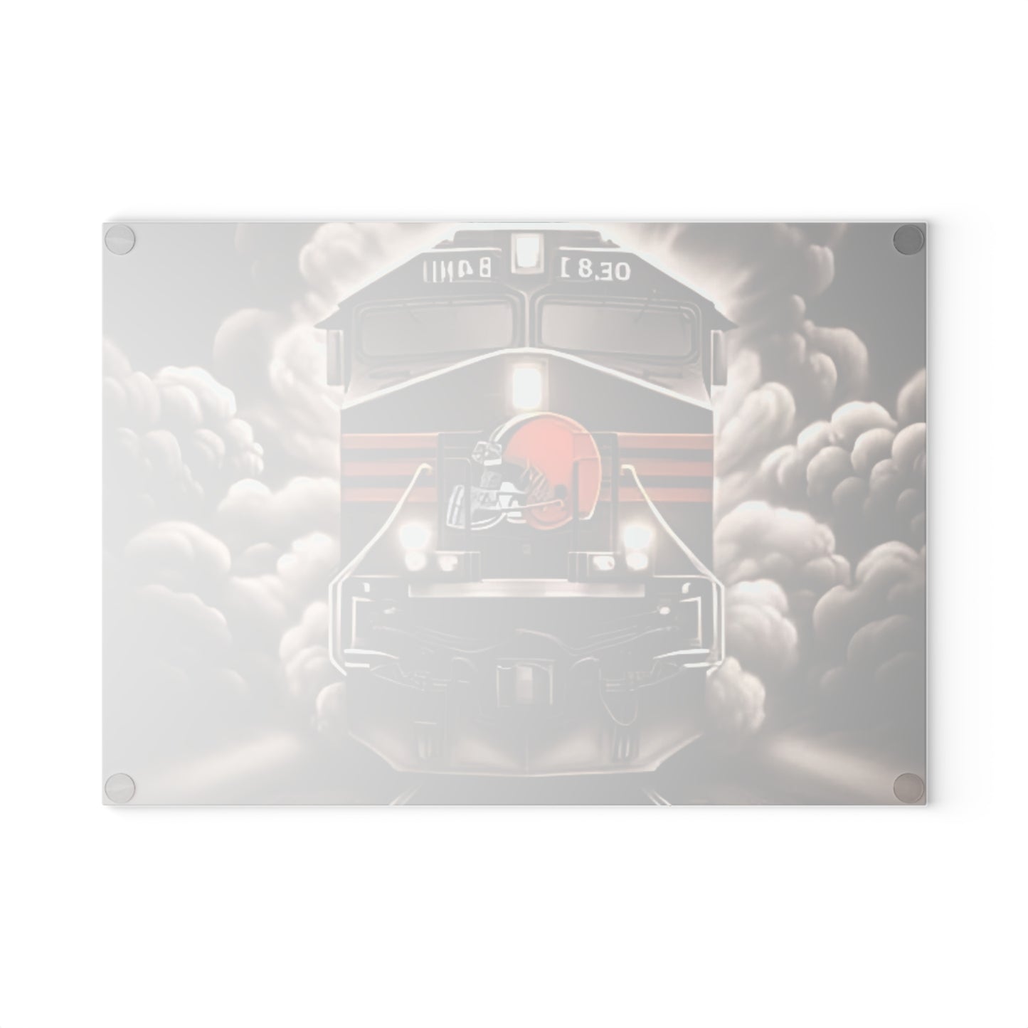Brown & Orange Express Glass Cutting Board – Classic Train Design for Warm Rustic Kitchens