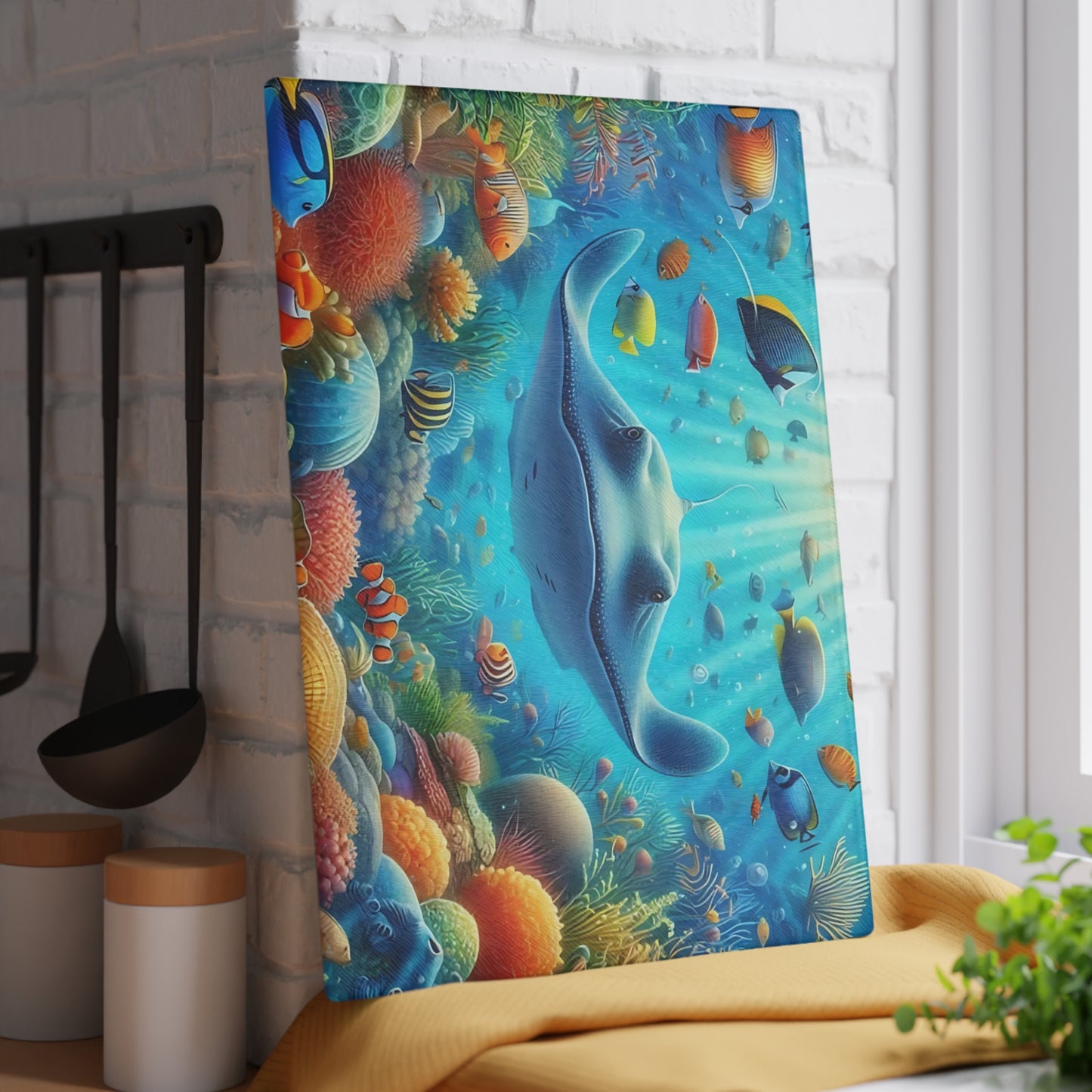 Tabla de cortar de vidrio con diseño de raya y arrecife de coral: decoración de cocina con vida marina y peces de agua salada