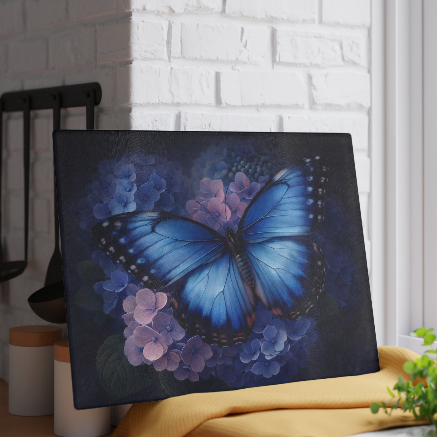 Blue Butterfly & Hydrangea Glass Cutting Board – Elegant Floral Butterfly Kitchen Art