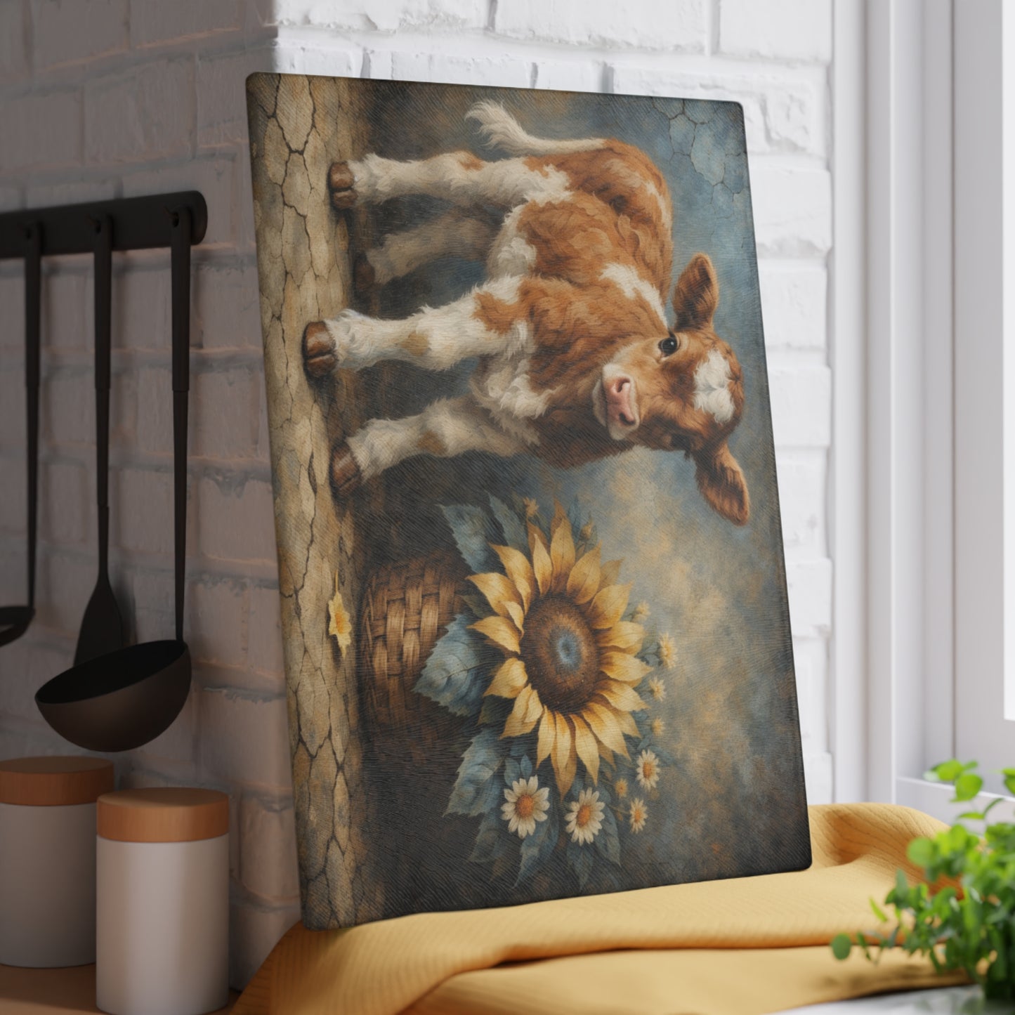 Sunflower Calf Glass Cutting Board – Rustic Farmhouse Kitchen Decor