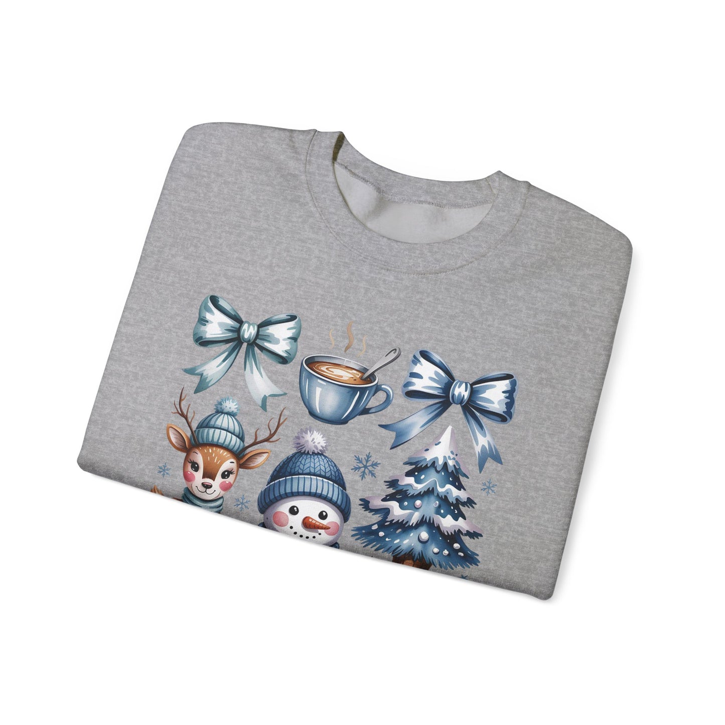 ❄️💙 Cozy Winter Vibes Crewneck – Reindeer, Snowman, Cocoa & Bows