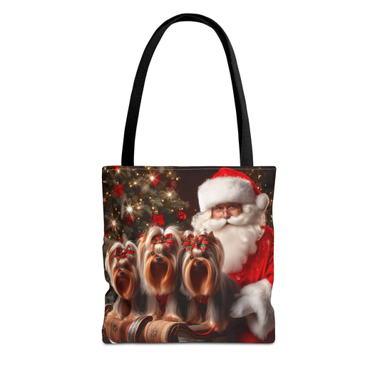 🎅 Santa & Yorkies Christmas Tote Bag – Holiday Cheer with a Furry Twist 🎄