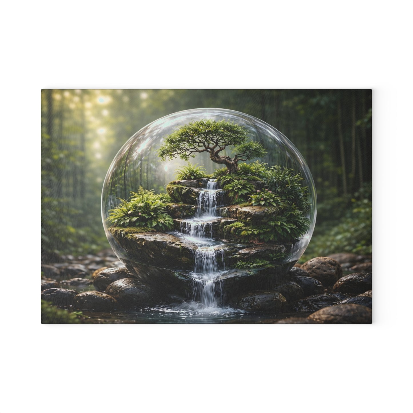 Enchanted Forest Waterfall Terrarium Glass Cutting Board – Nature-Inspired Zen Kitchen Art