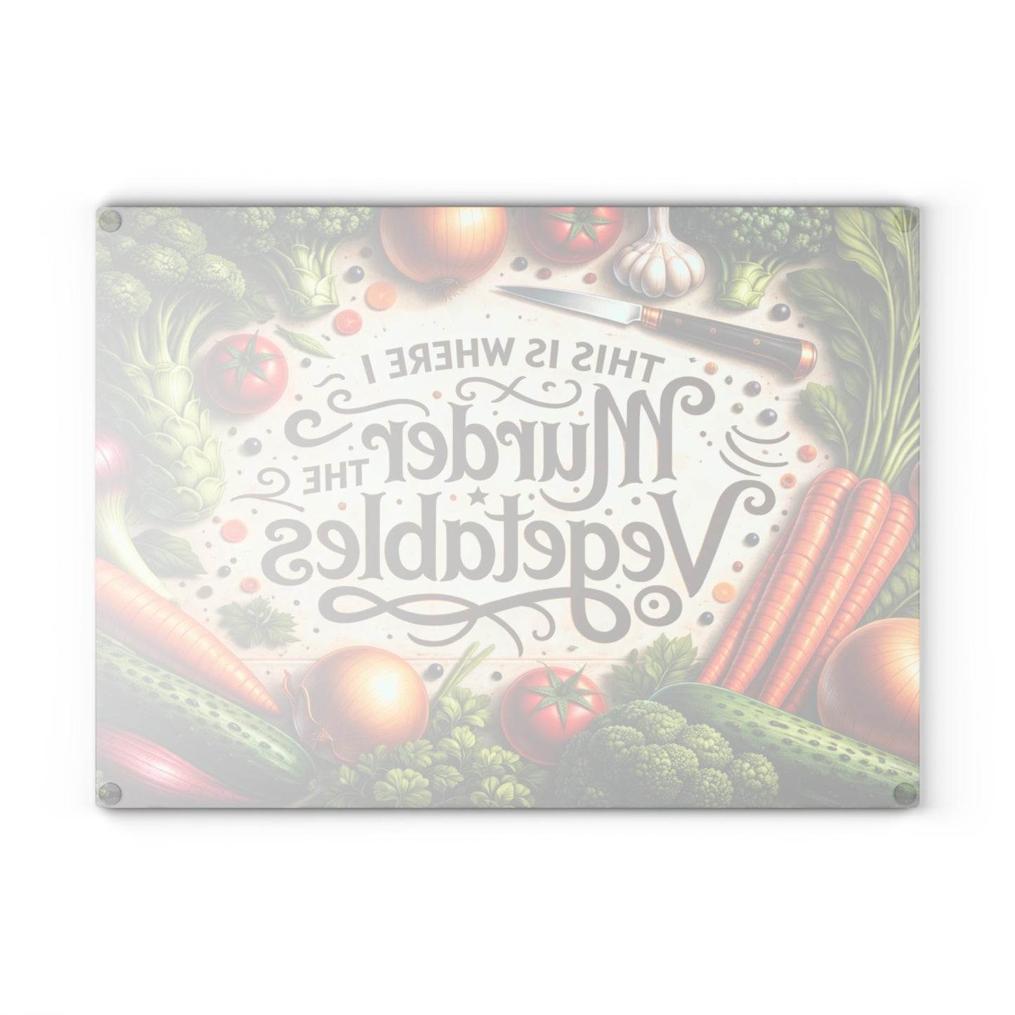 This Is Where I Murder the Vegetables Glass Cutting Board – Funny Kitchen Typography with Fresh Produce Art