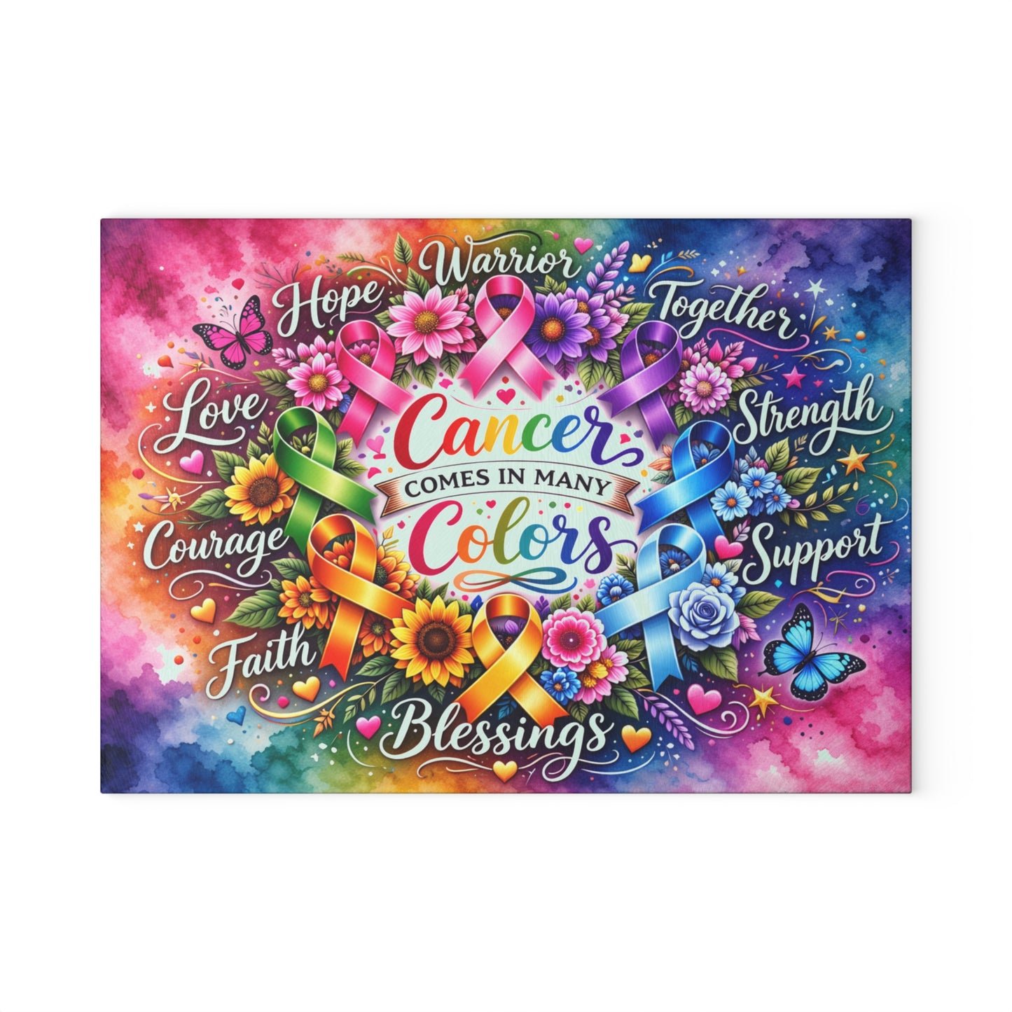 Cancer Comes in Many Colors Glass Cutting Board – Awareness Ribbon Floral Artwork