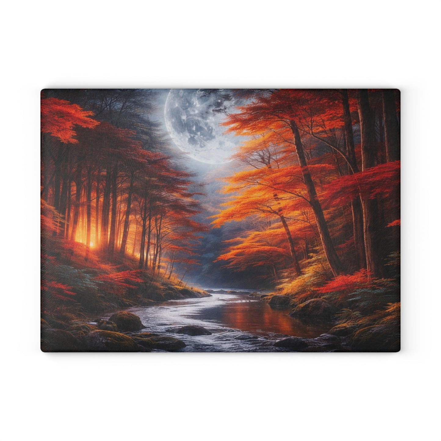 Autumn Moonlit Forest Glass Cutting Board – Dramatic Fall Landscape Kitchen Art