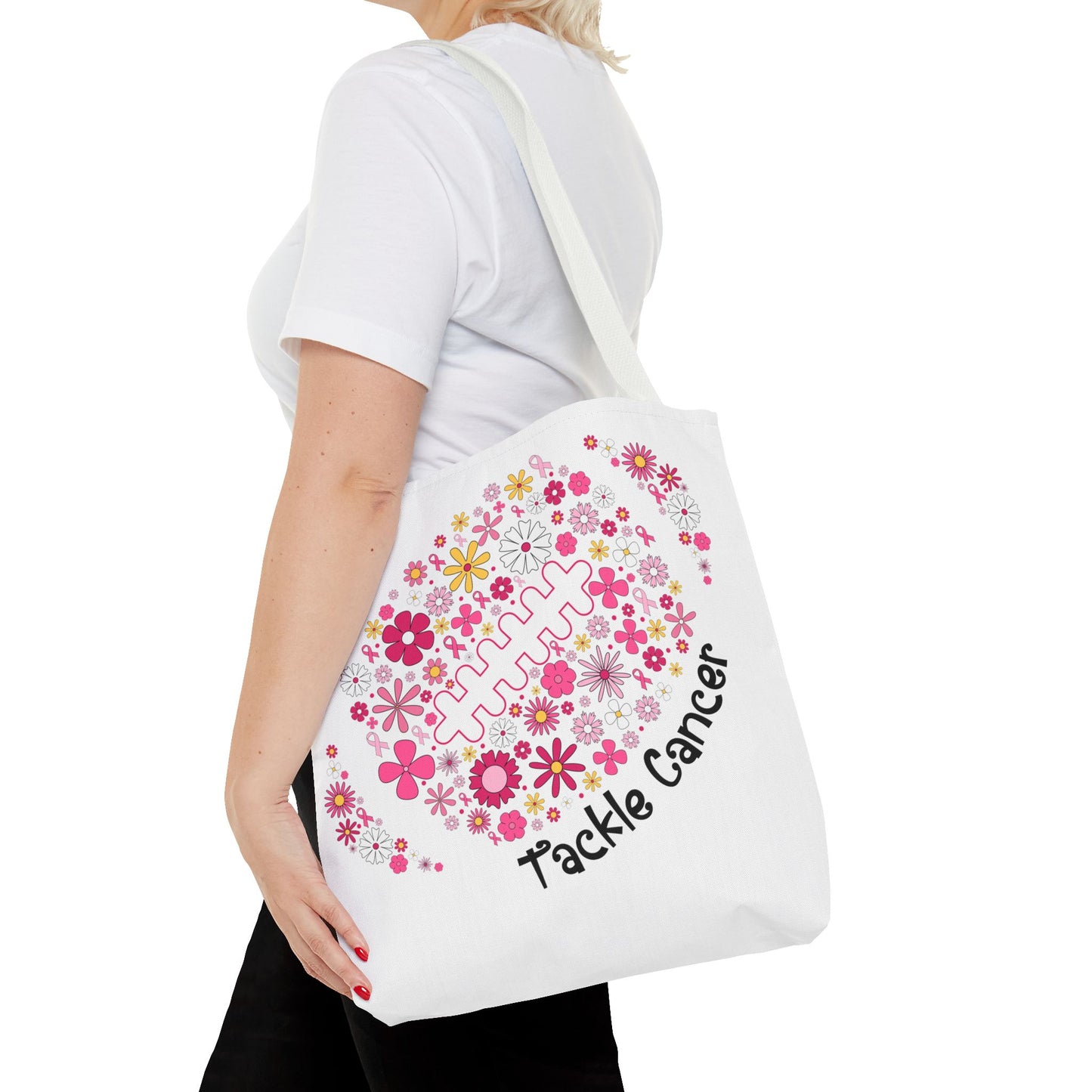 🌸 Pink Floral Football Tote Bag – Game Day Meets Breast Cancer Awareness 🎀👜