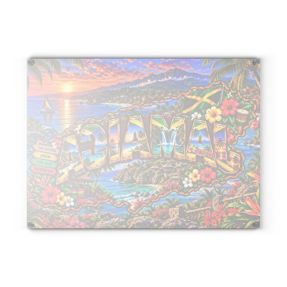 Jamaica Glass Cutting Board – Tropical Island Map, Jamaican Flag, Waterfalls, Palm Trees & Caribbean Sunset Kitchen Déco