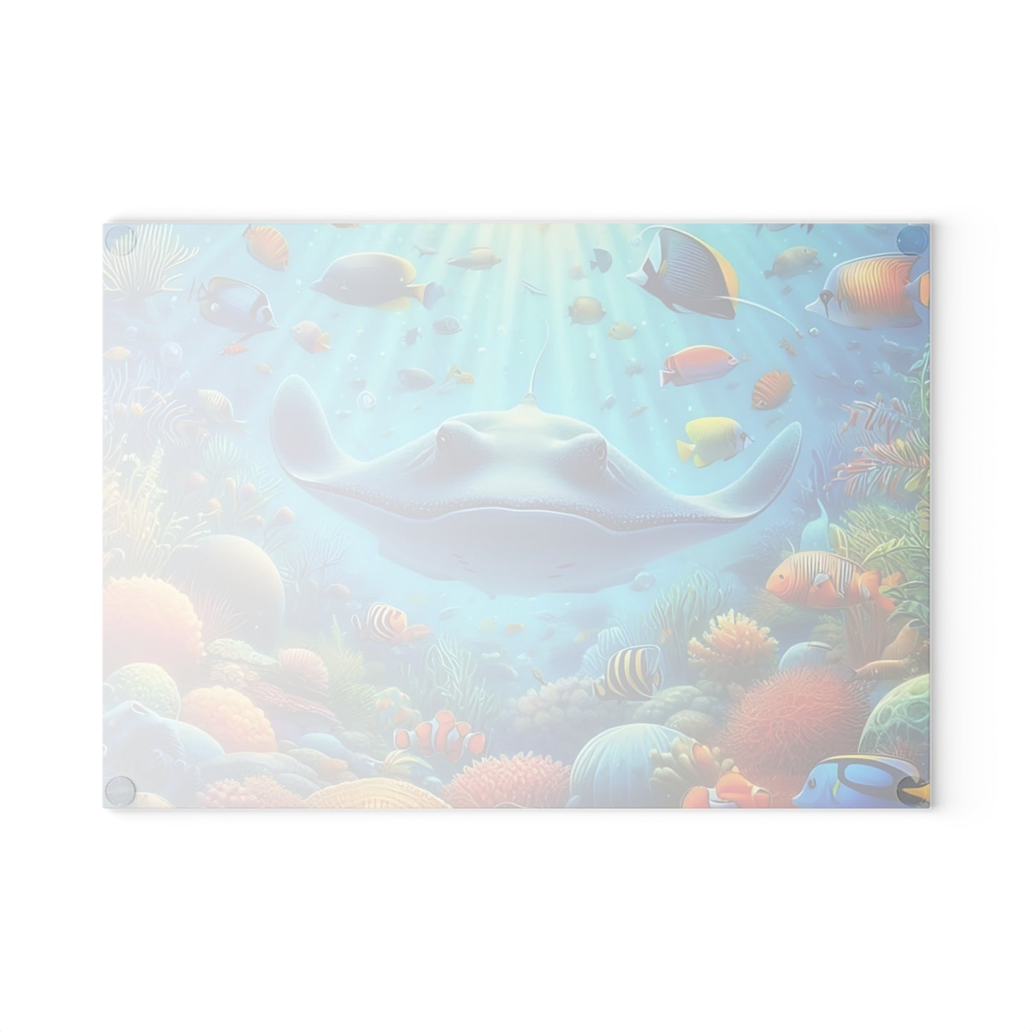 Tabla de cortar de vidrio con diseño de raya y arrecife de coral: decoración de cocina con vida marina y peces de agua salada