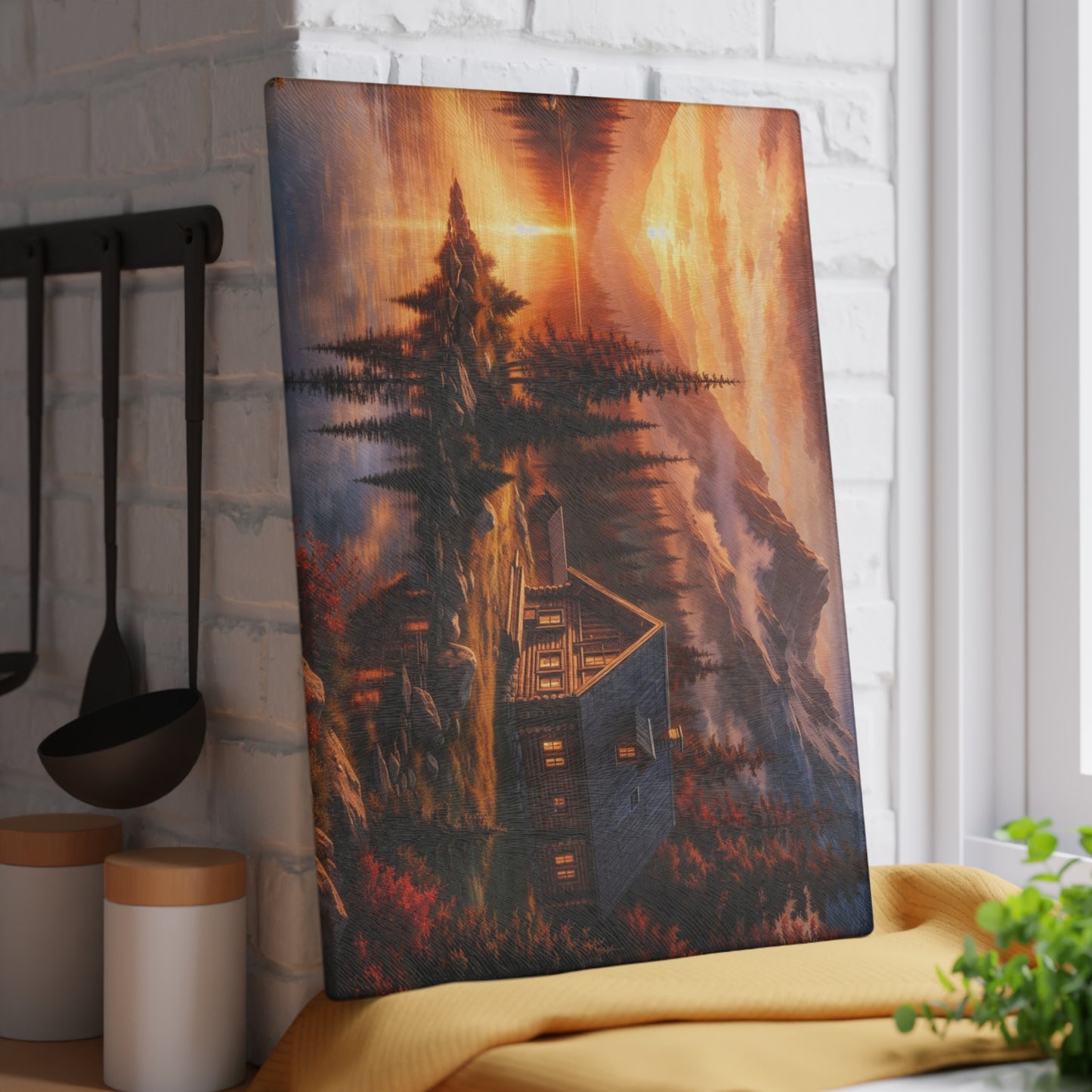 Mountain Cabin Sunset Glass Cutting Board – Rustic Lake Lodge Kitchen Art