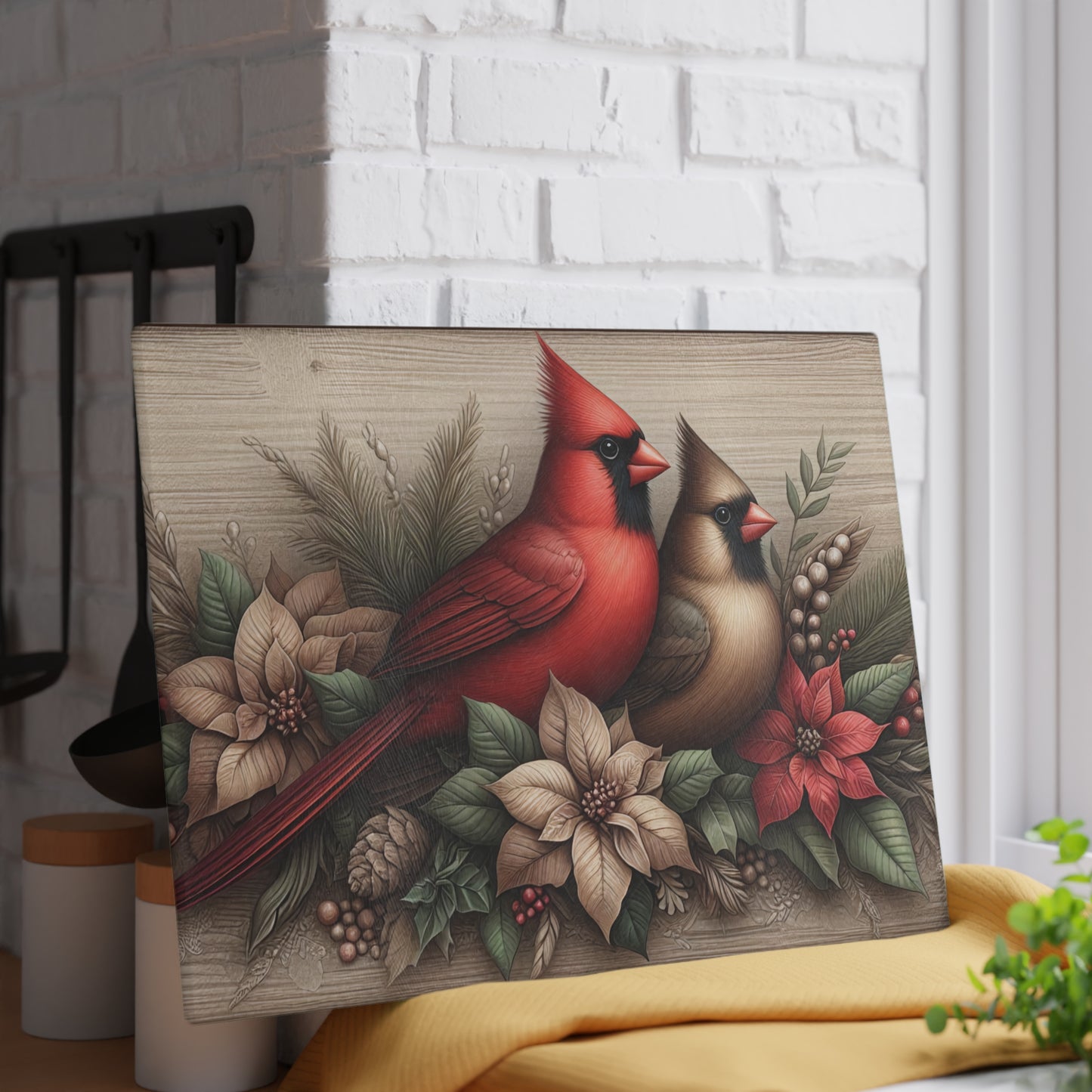 ❤️🕊️ Rustic Cardinal Pair Cutting Board – Timeless Winter Elegance for Your Kitchen 🌲