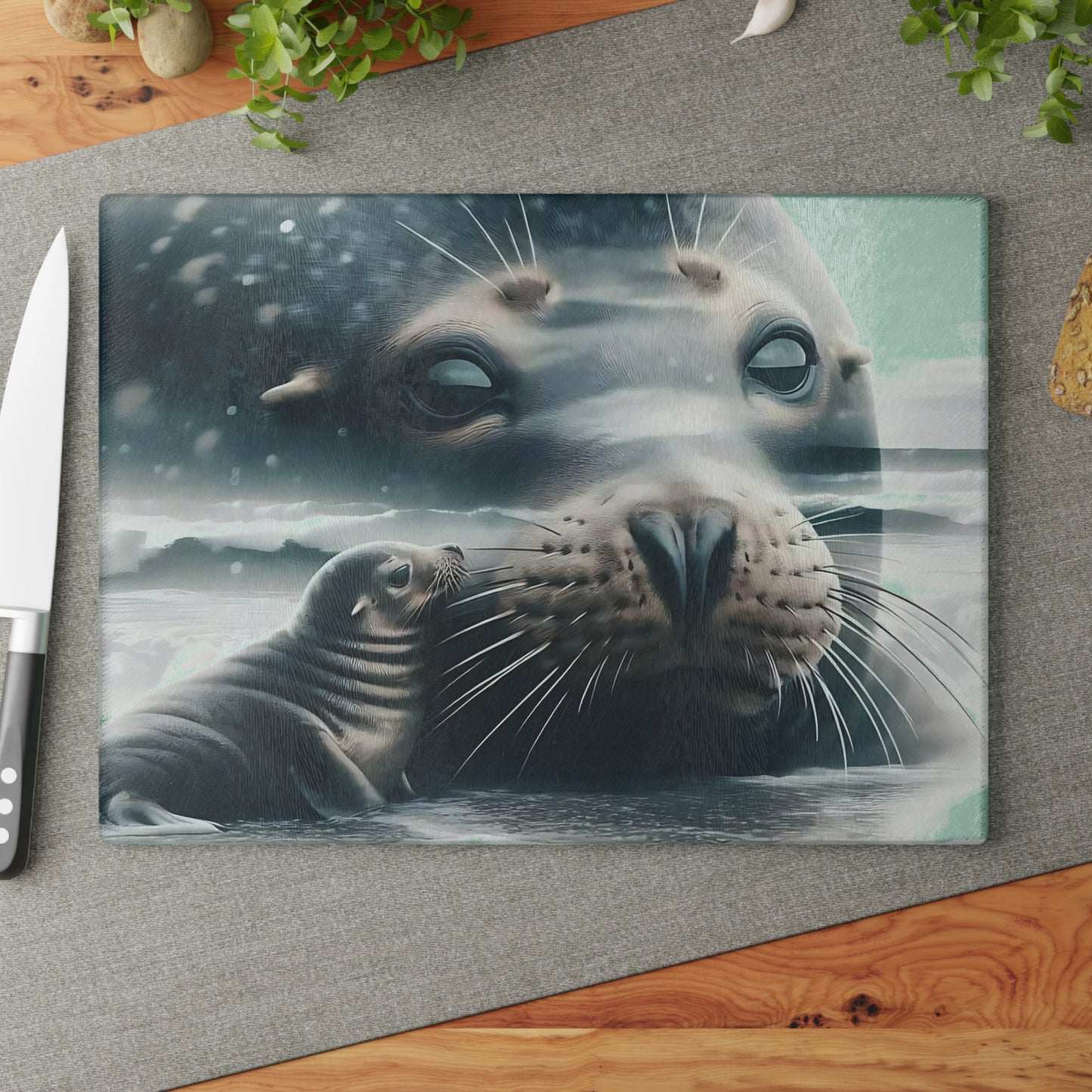 🦭❄️ Seal & Pup Motherhood Cutting Board – Ocean Love & Winter Serenity 🌊💙