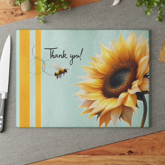 ¡Gracias! Tabla de cortar de vidrio con diseño de girasol y abeja: decoración floral brillante para la cocina