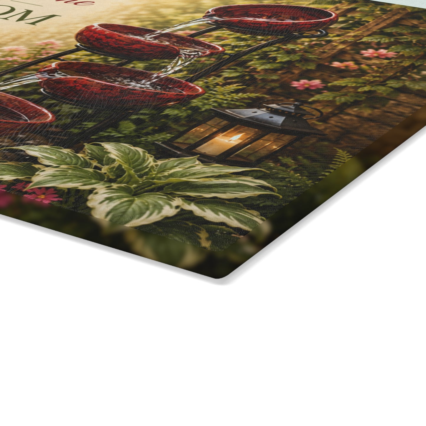 Take Time to Bloom Glass Cutting Board – Inspirational Garden Water Fountain Artwork with Peaceful Floral Design