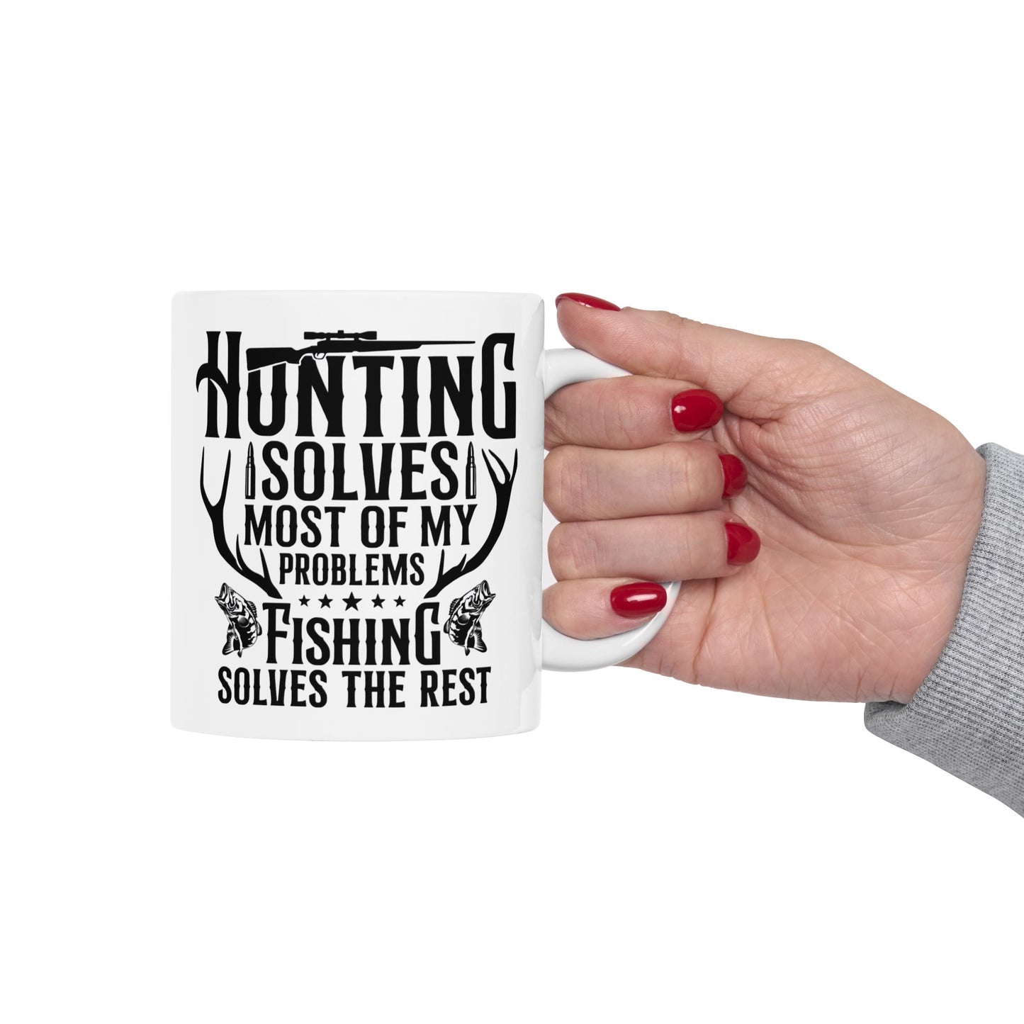 🦌🎣 Hunting Solves Most of My Problems, Fishing Solves the Rest – Outdoorsman Coffee Mug (11oz & 15oz) ☕🏕️