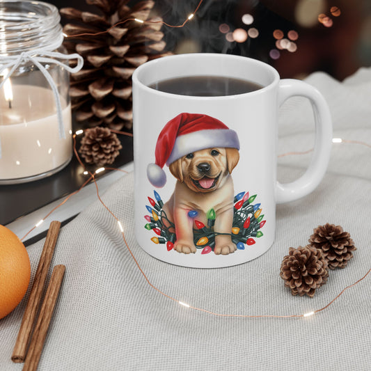 🎄 Labrador Puppy Christmas Mug – Santa Hat & Holiday Lights Cheer 🐾
