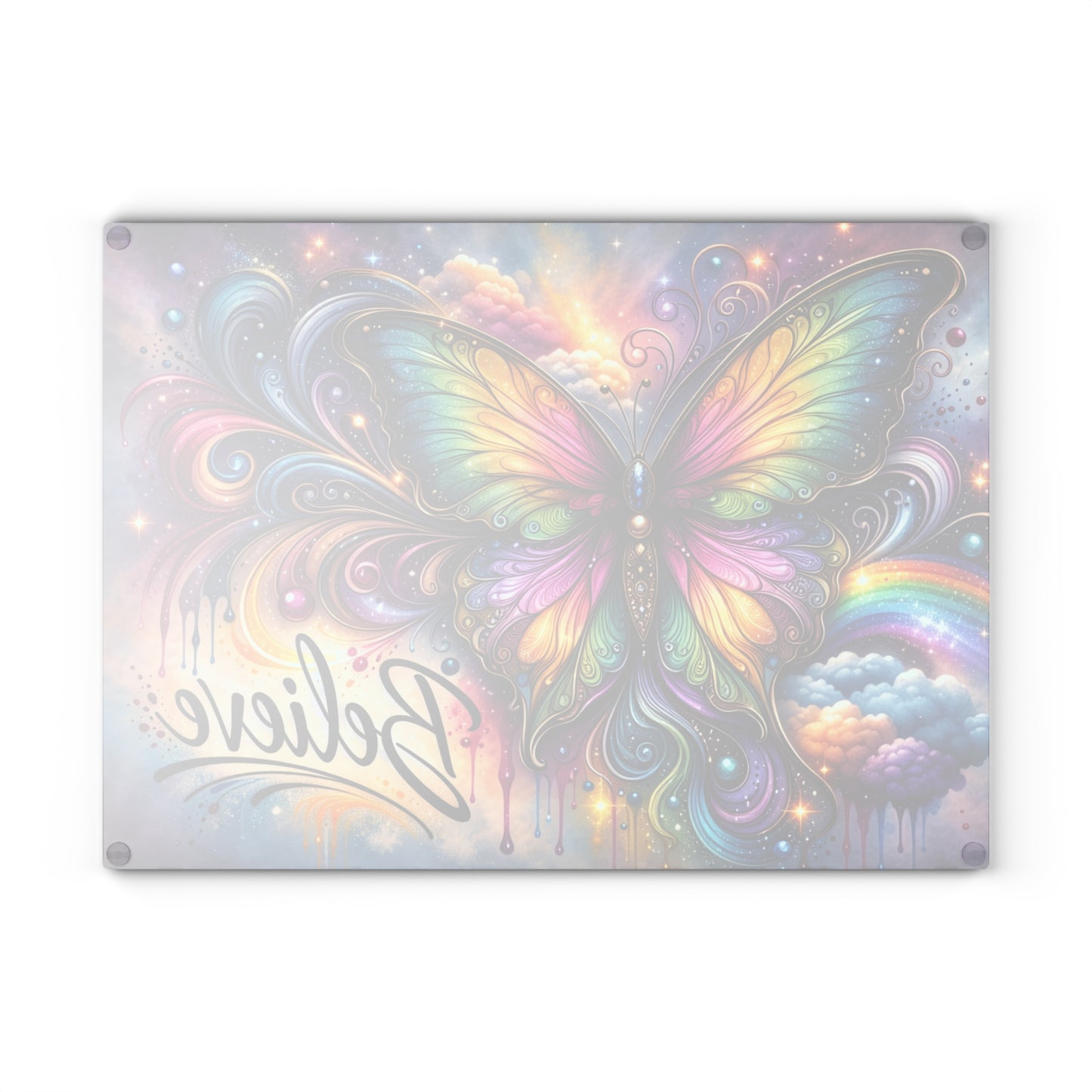 Believe Butterfly Glass Cutting Board – Rainbow Butterfly Inspirational Kitchen Art