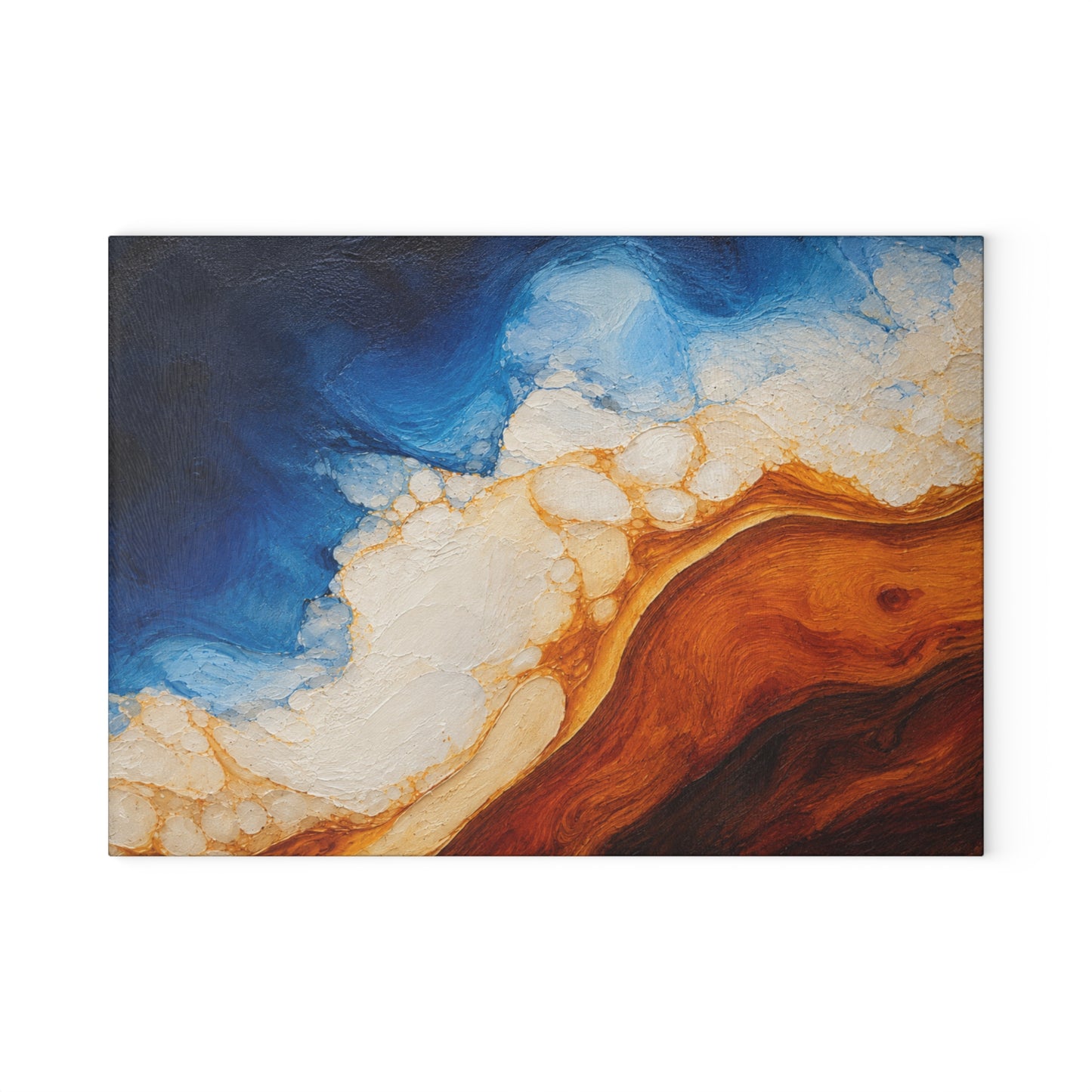 Coastal Resin-Painted Look Ocean Abstract Glass Cutting Board – Blue Waves and Golden Shoreline Artwork