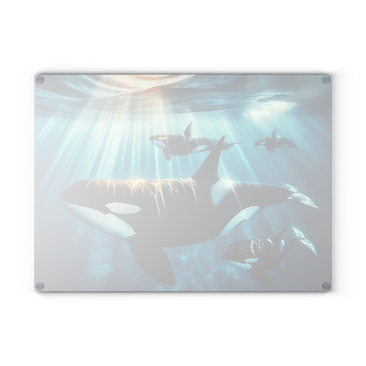 Ocean Guardians Glass Cutting Board – Orca Family Beneath Sunlit Waters