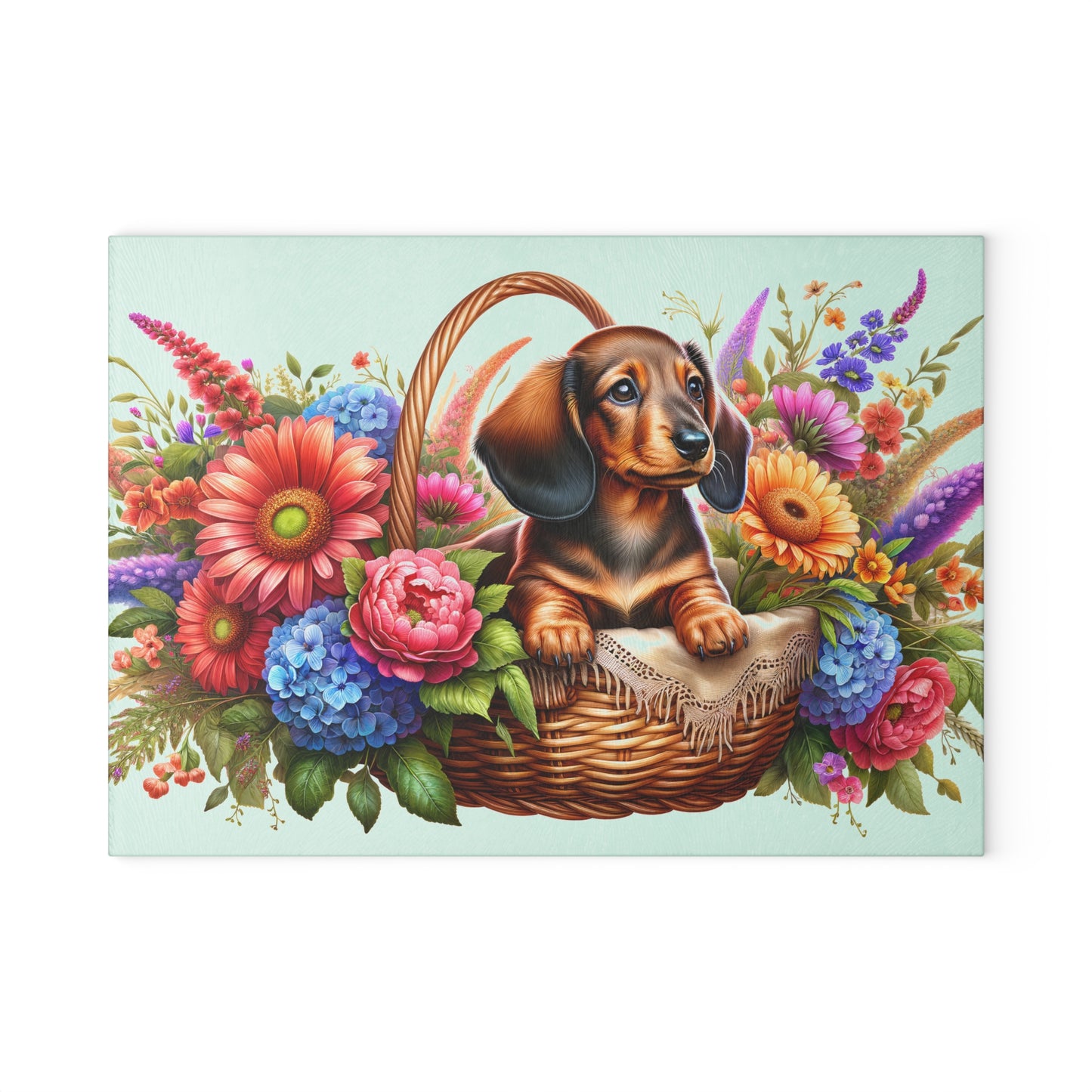 🌸 Dachshund Floral Basket Cutting Board – Whimsical Charm for Your Kitchen
