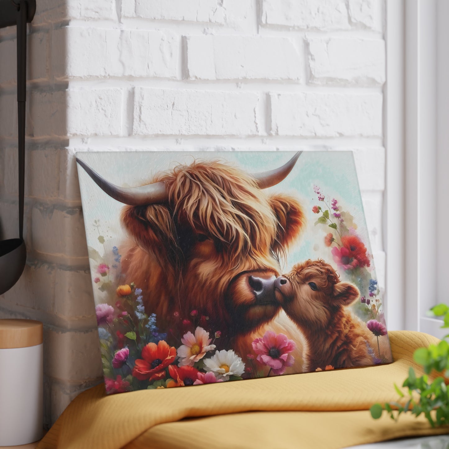 🐮🌸 Highland Cow & Calf Cutting Board – Rustic Love in Bloom 🌼❤️