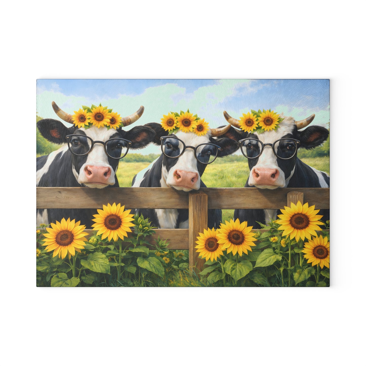 Sunflower Cow Trio Glass Cutting Board – Cheerful Farmhouse Kitchen Accent