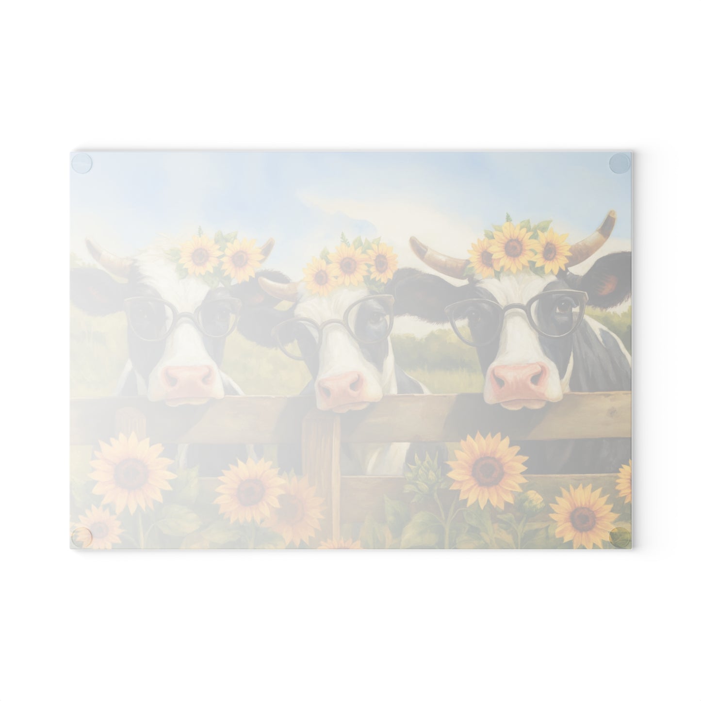 🐮🌻 “Sunflower Cow Trio” Glass Cutting Board – Bright Farmhouse Smiles