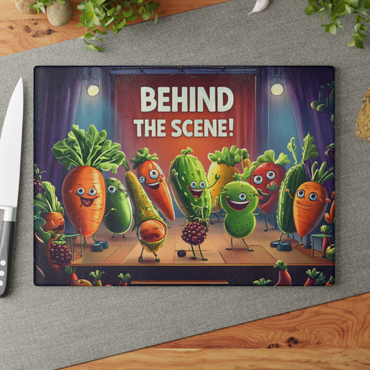 🎭🥦 “Behind the Scene!” Glass Cutting Board – Dancing Veggies Comedy Kitchen Decor 🌟🍅