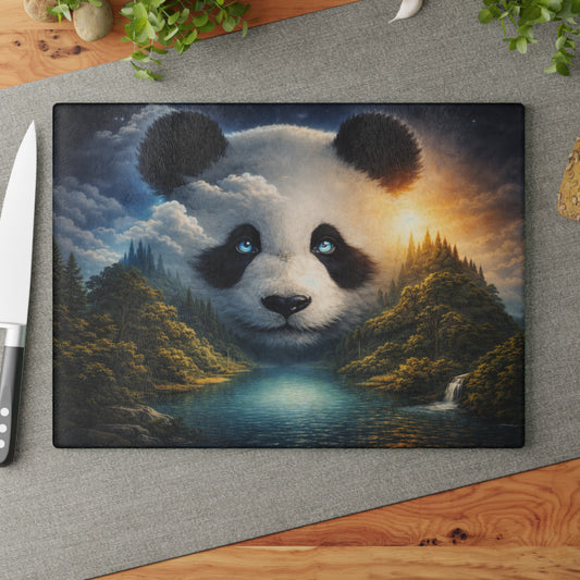 Panda Mountain Landscape Glass Cutting Board – Serene Wildlife Nature Artwork