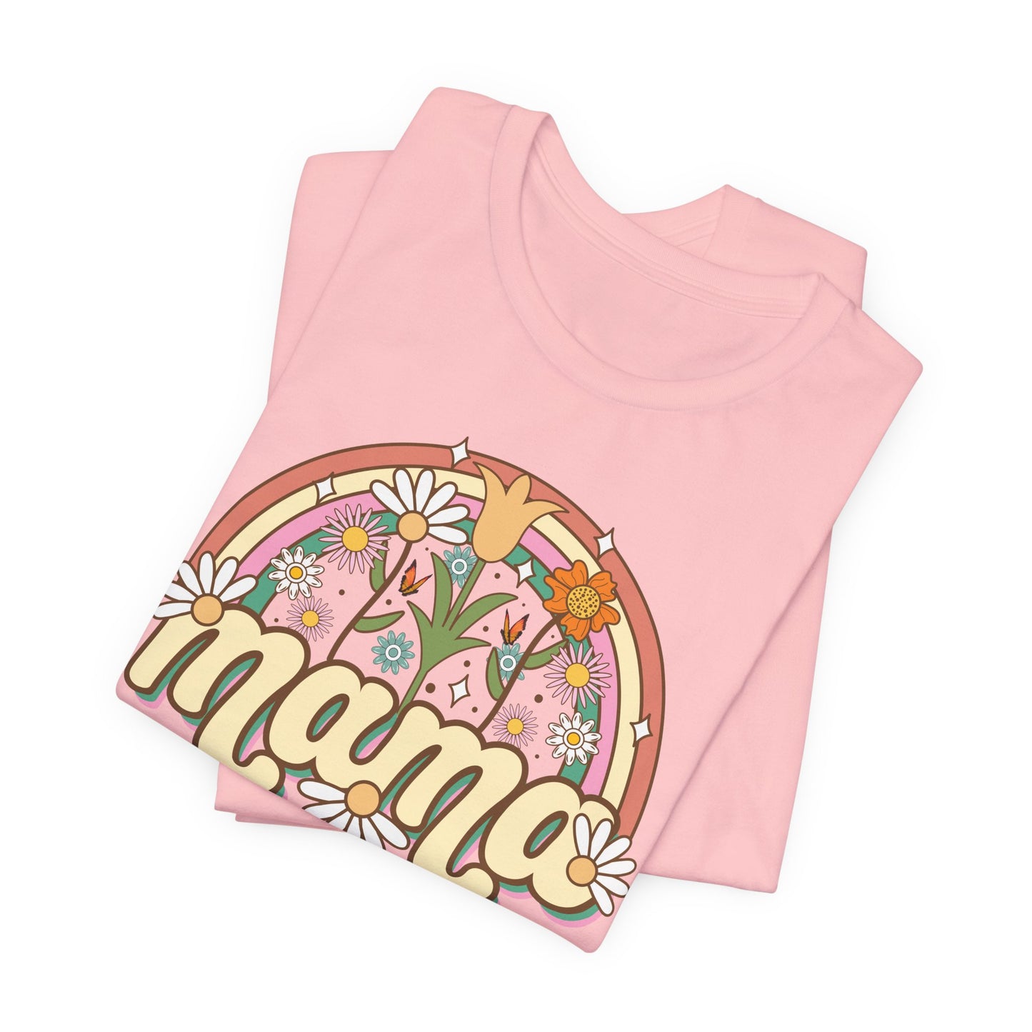 🌼🌈 Retro Floral Mama T-Shirt – Boho Rainbow Graphic Tee for Moms 🌻✨