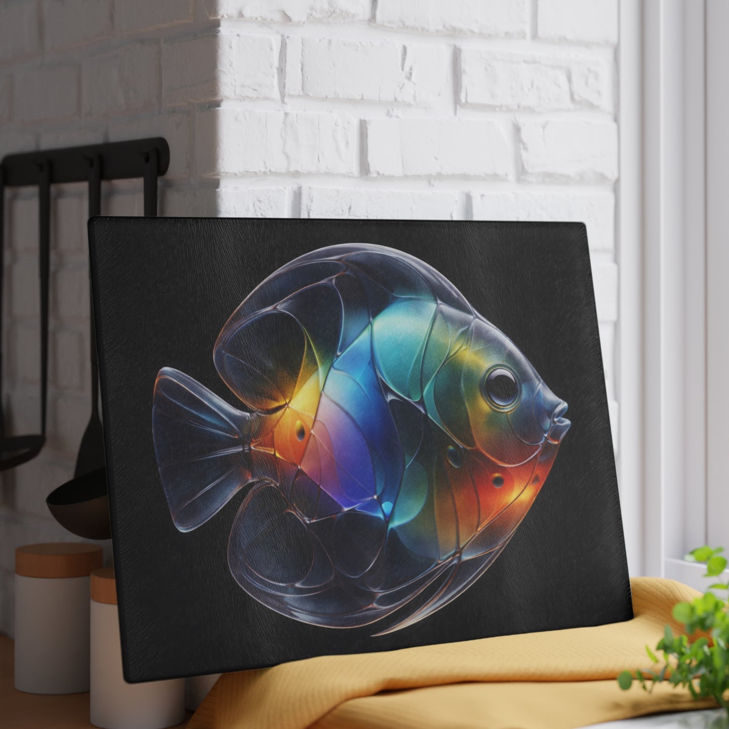 Rainbow Glow Glass Cutting Board – Stunning Discus Fish Artwork