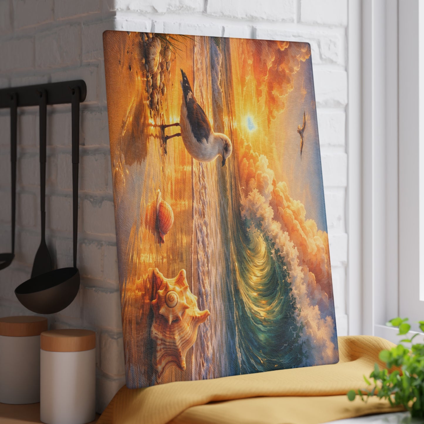 Golden Coastal Wave Glass Cutting Board – Ocean Sunset Seagull Beach Kitchen Art