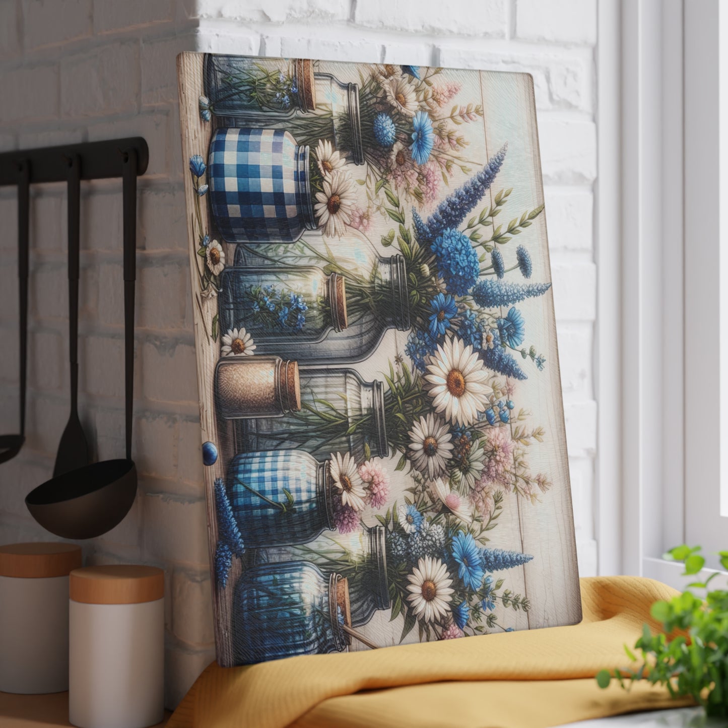 💙🌼 Blue Gingham Wildflower Mason Jar Cutting Board – Rustic Farmhouse Kitchen Charm 🌿✨