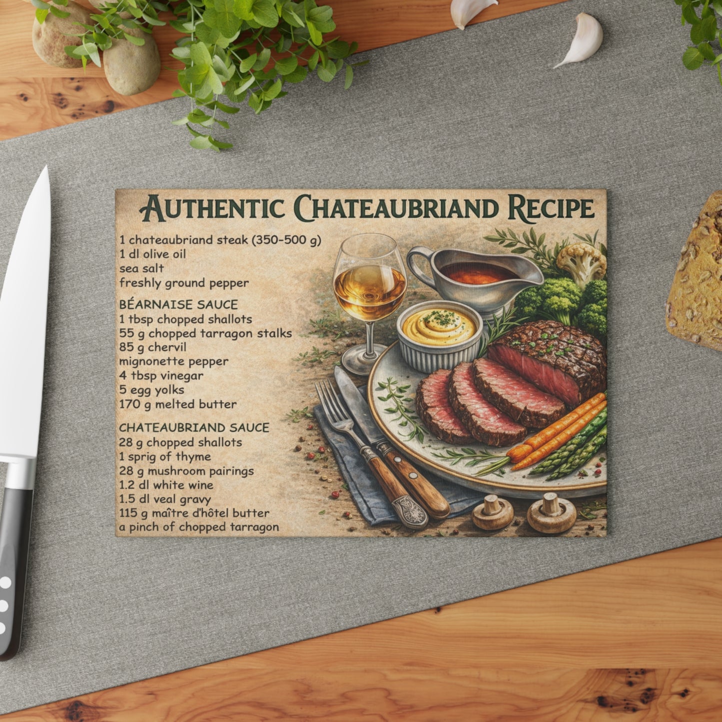 Authentic Chateaubriand Recipe Glass Cutting Board – Classic French Steak Kitchen Art