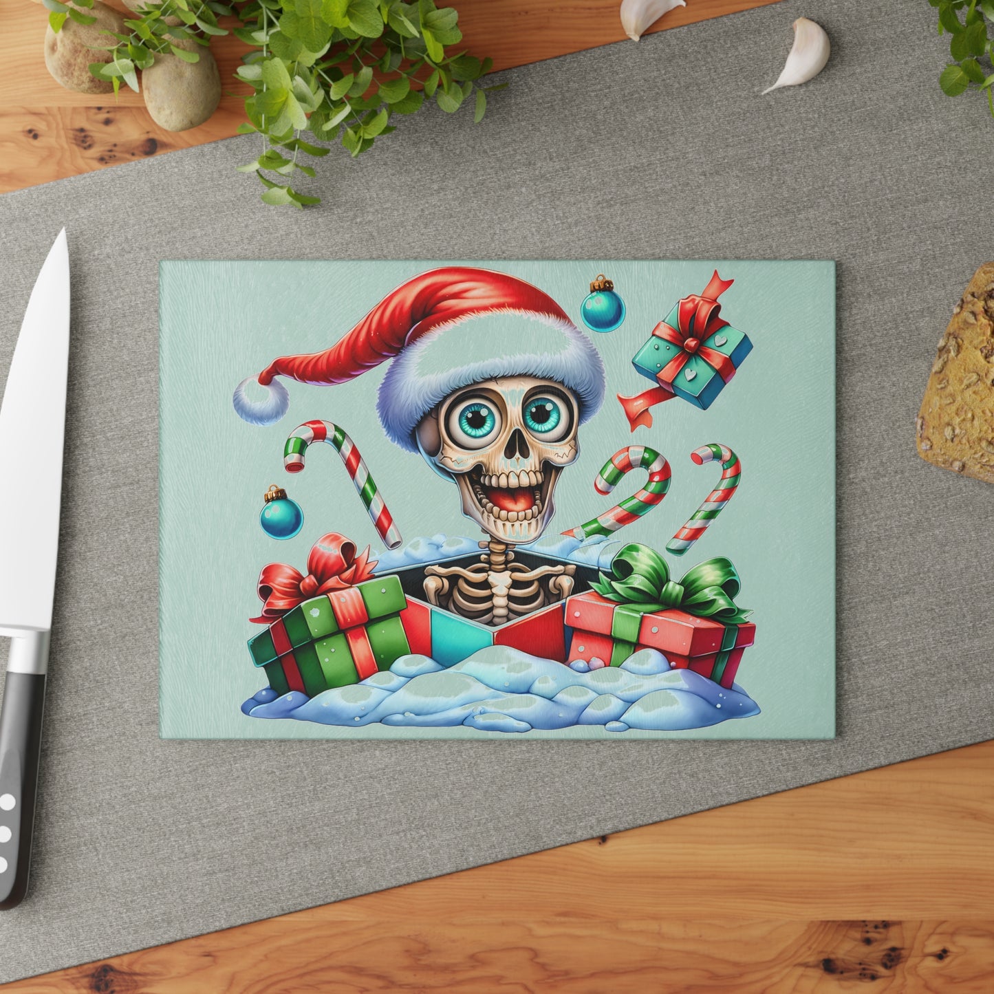 🎄💀 Skeleton Santa Cutting Board – A Spooky Splash of Holiday Cheer for Your Kitchen