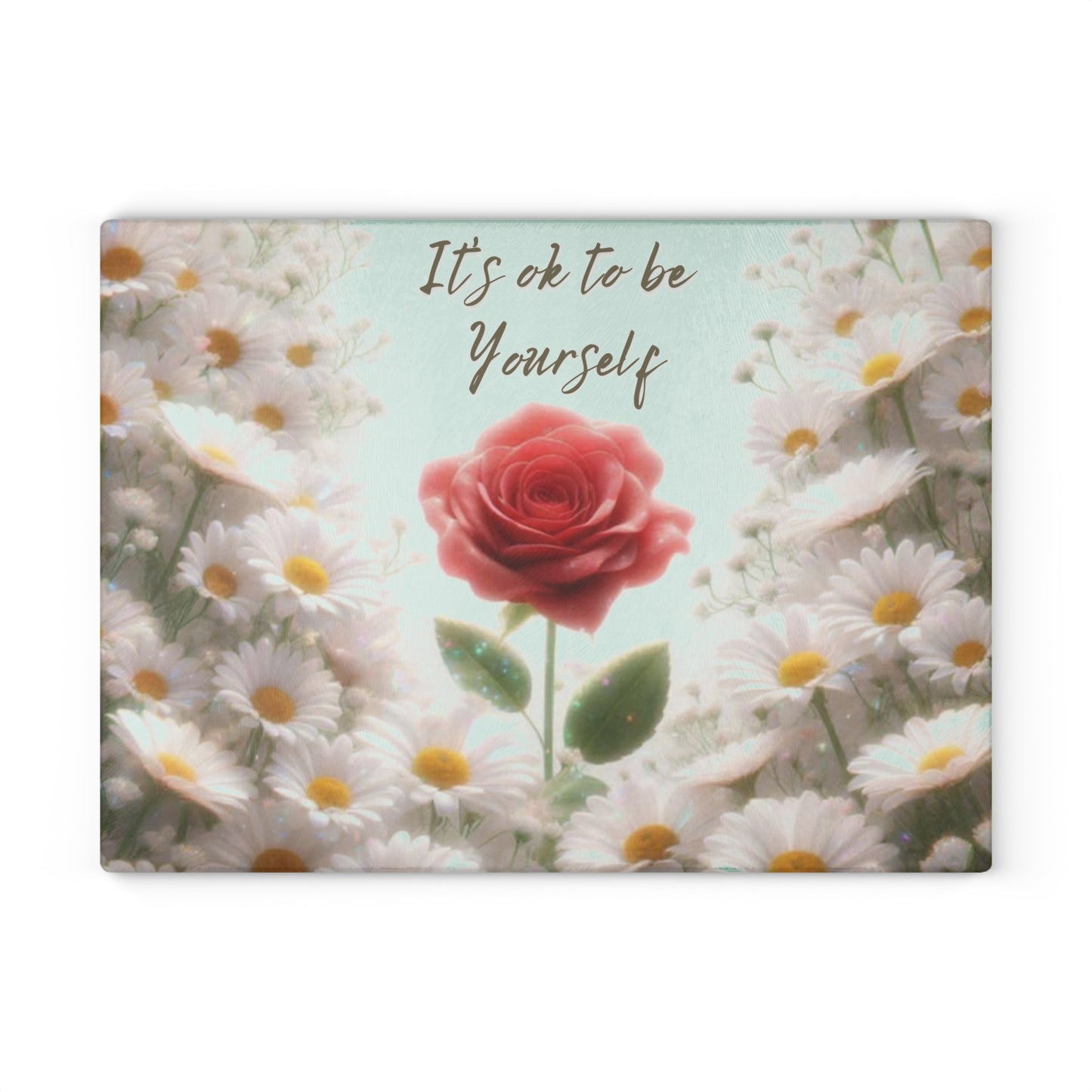 Tabla de cortar de vidrio "Está bien ser tú mismo" - Rosa única en un campo de margaritas, Regalo único, Tabla de cortar de vidrio, Tabla de charcutería, Tabla de cortar personalizada, Flores
