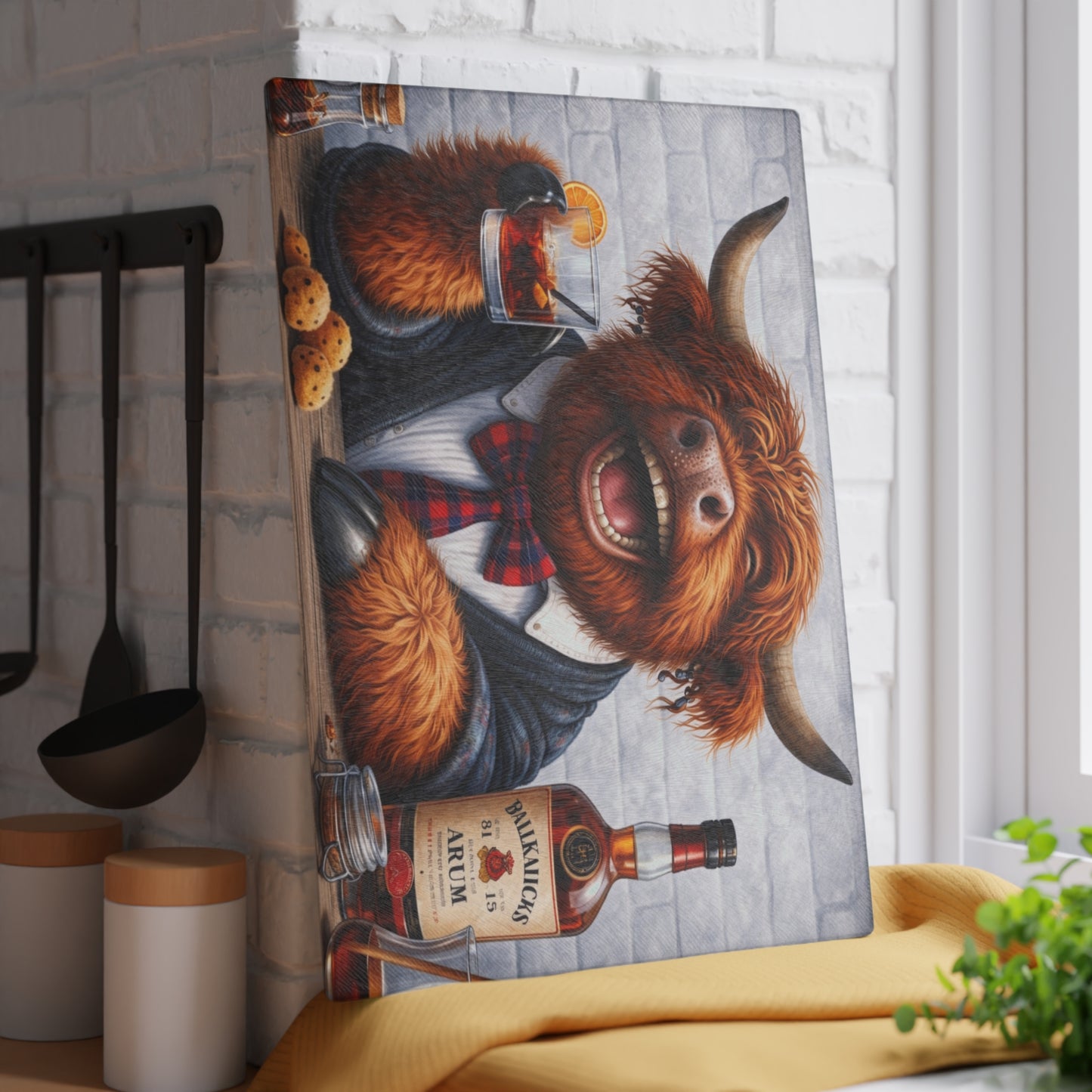 Smiling Highland Cow Whiskey Glass Cutting Board – Playful Farm Bar Art with Rustic Humor