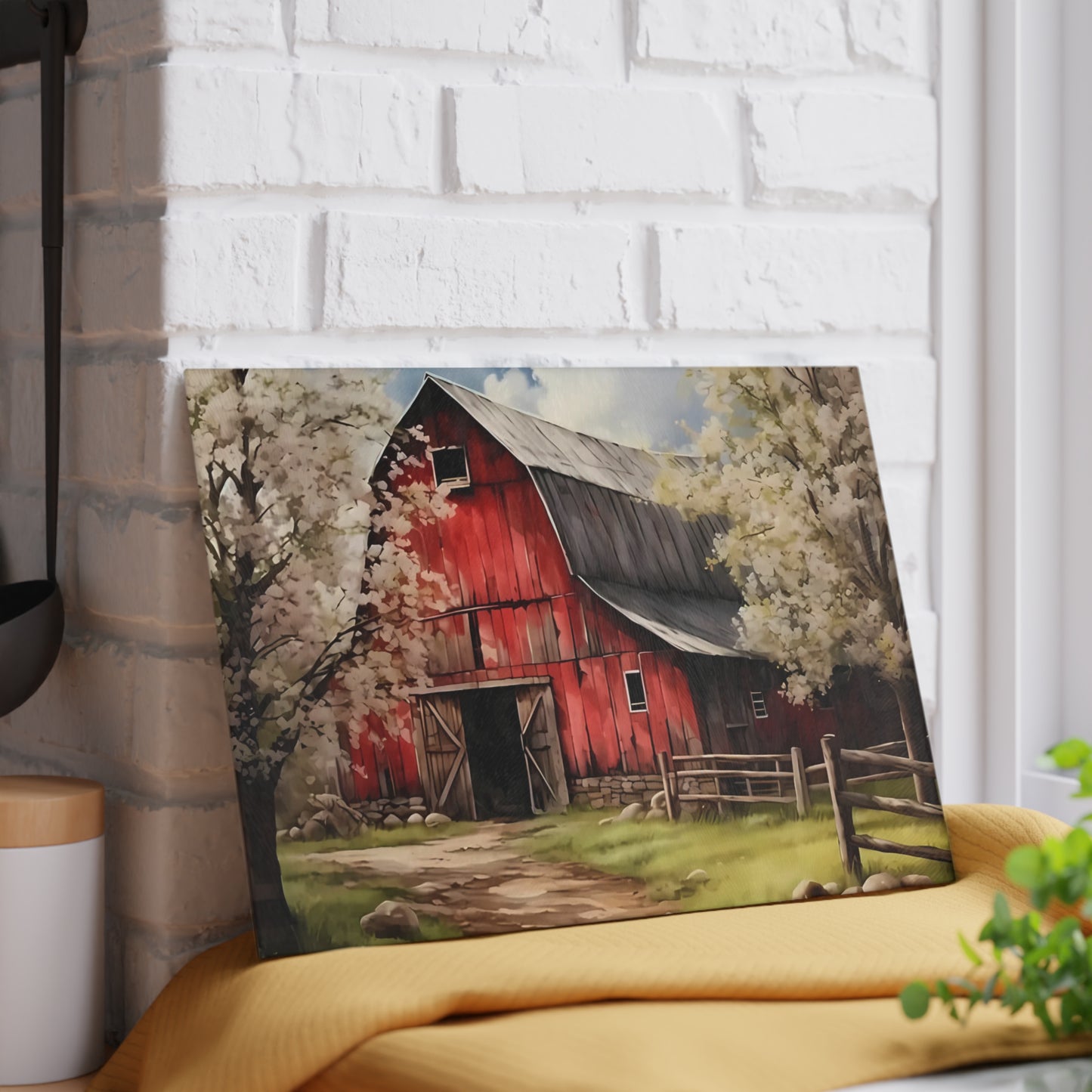🌸🚜 Rustic Red Barn Blossom Cutting Board – Farmhouse Charm for Your Kitchen 🌾🐓