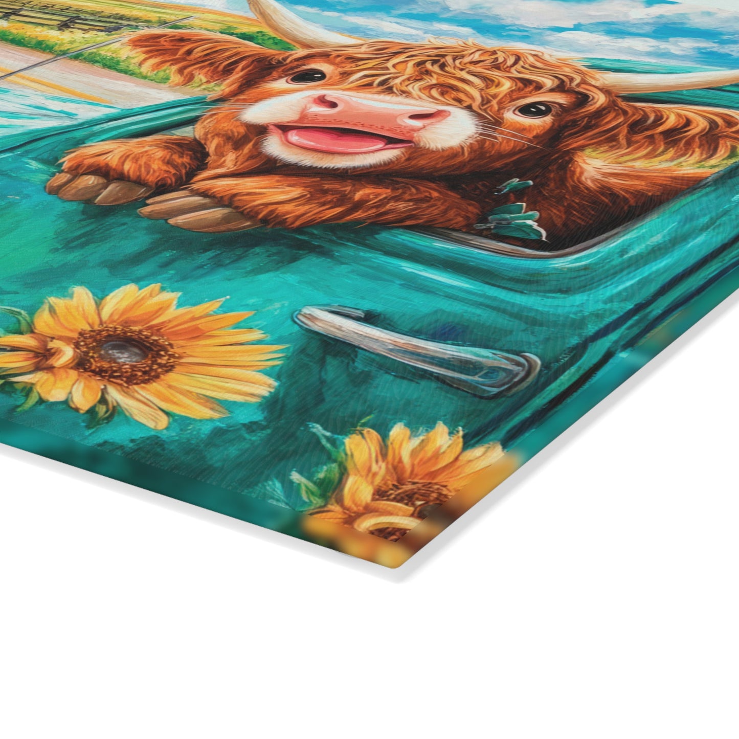 🚜🌻 Baby Highland Cow in Old Truck Glass Cutting Board – Rustic Farm Charm with Sunflowers & Barn 🌼