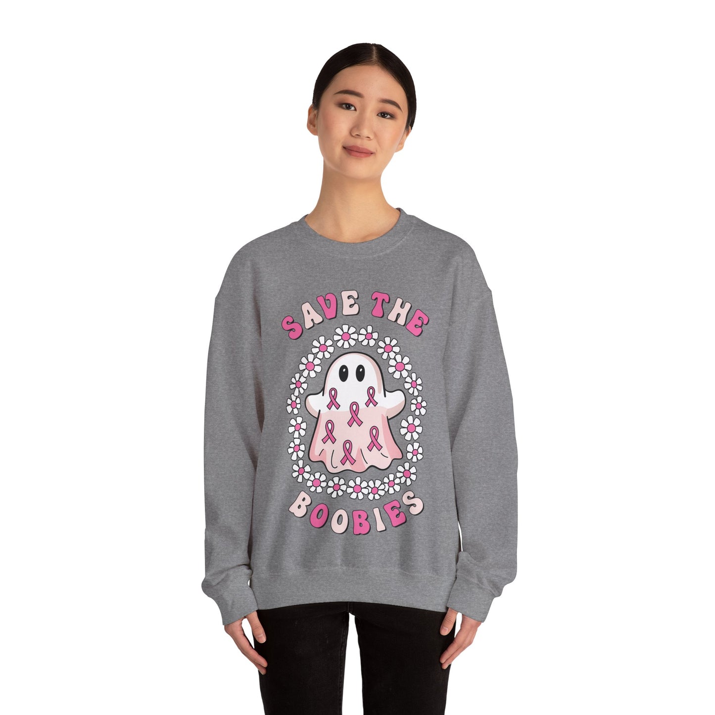 👻🎀 Save the Boobies Ghost Sweatshirt – Cute Breast Cancer Awareness Crewneck