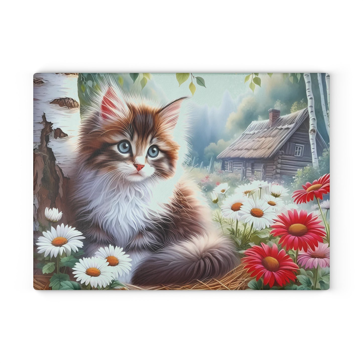 🌼 Cottage Kitten Cutting Board – Whiskered Charm in a Meadow Bloom Scene 🐱🌸