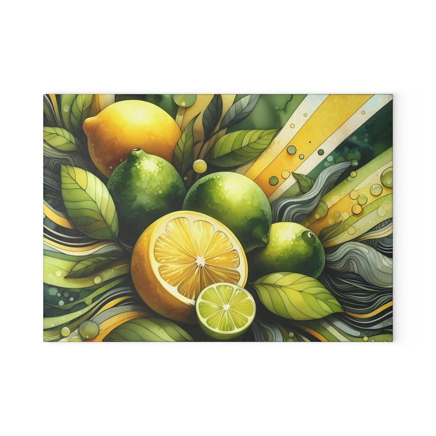 Tabla de cortar de vidrio con limones y limas frescas: decoración de cocina y estilo para servir con un toque cítrico