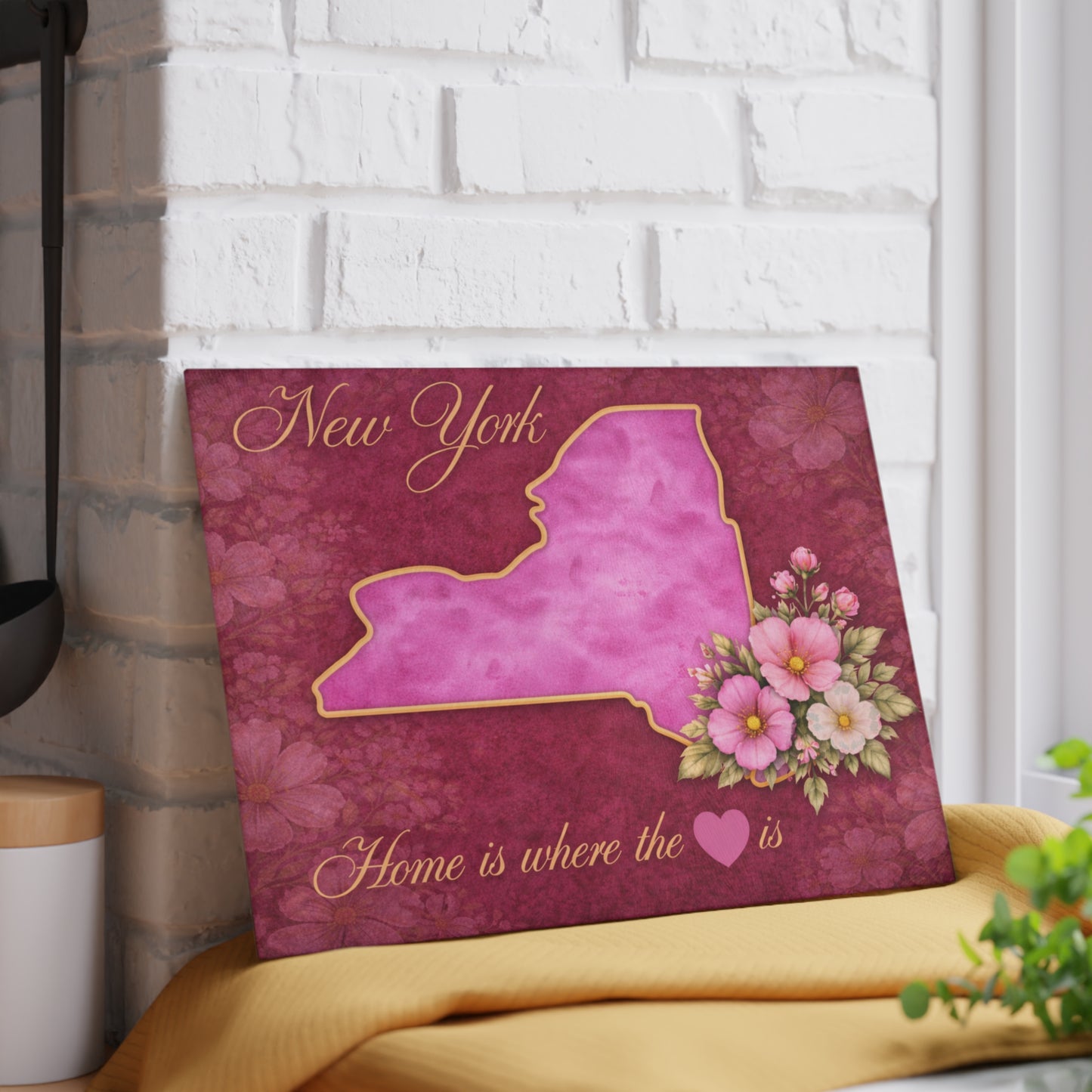 New York State Home is Where the Heart Is Glass Cutting Board – Floral State Pride Kitchen Decor