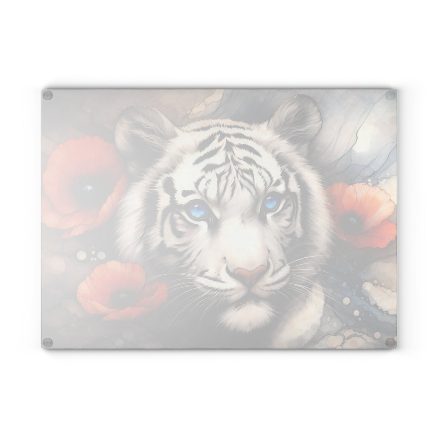 White Tiger with Blue Eyes Glass Cutting Board – Elegant Wildlife Floral Artwork
