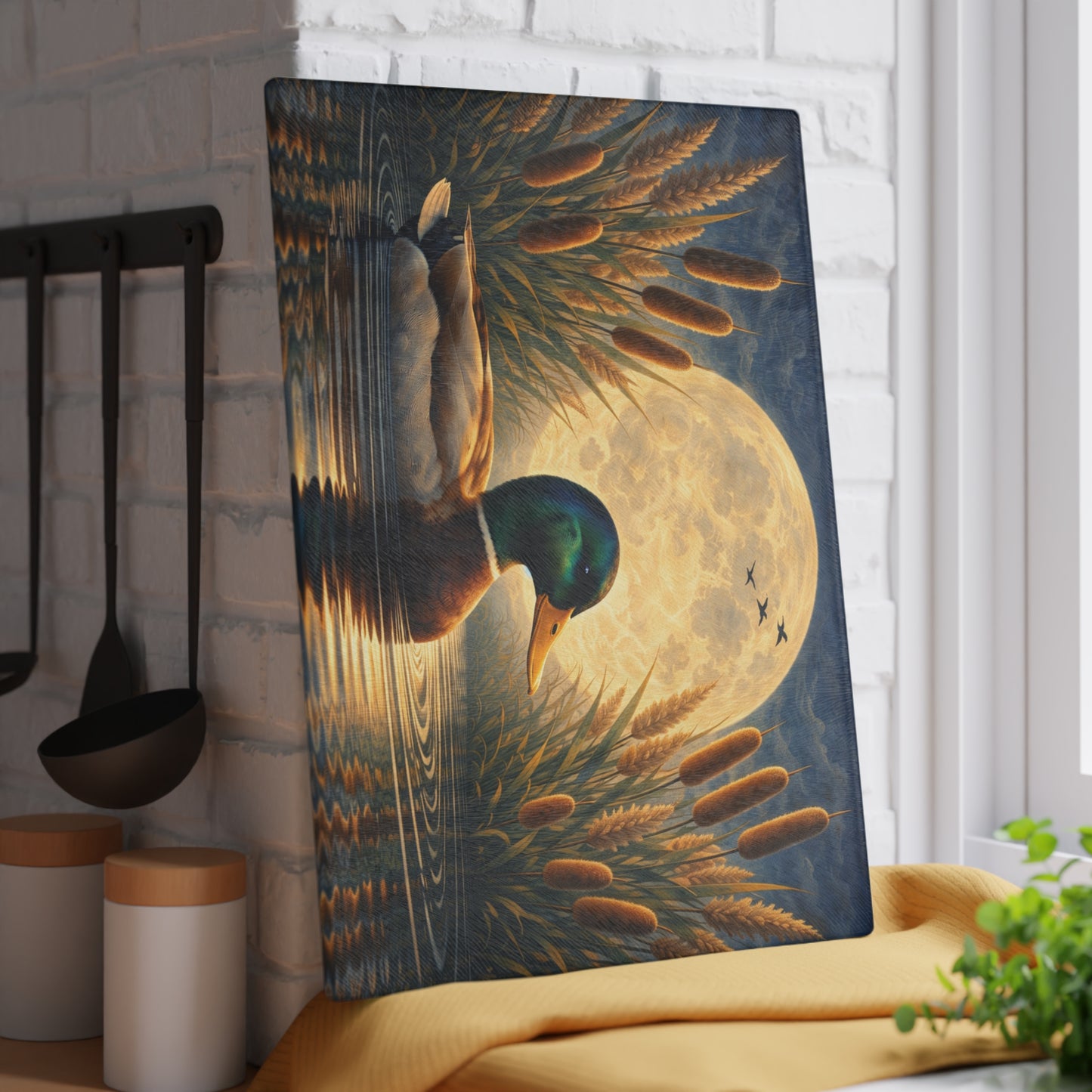 Moonlit Mallard Duck Glass Cutting Board – Peaceful Marsh Wildlife Artwork