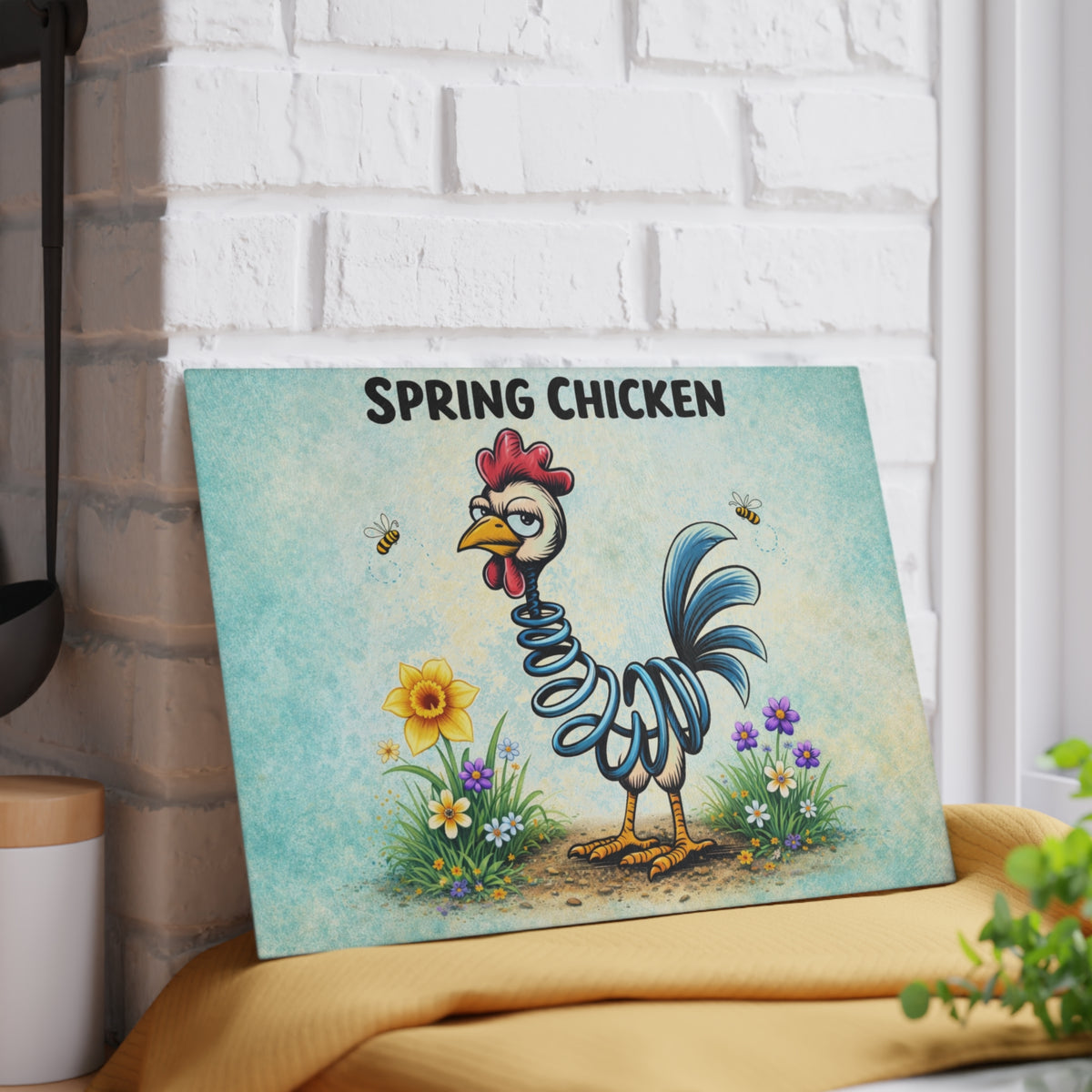 Spring Chicken Glass Cutting Board – Whimsical Chicken Artwork with Playful Spring Humor