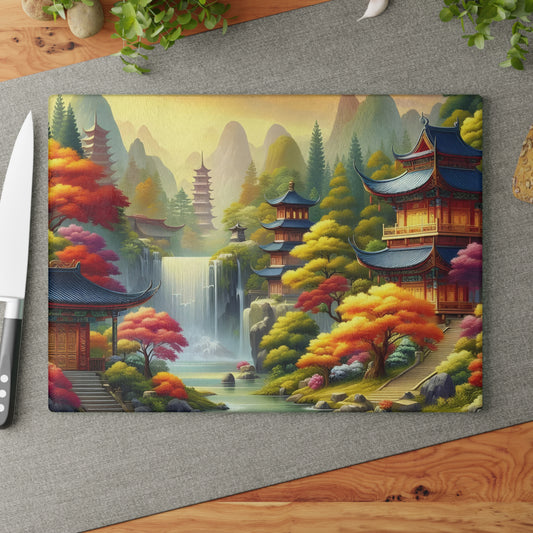 🍁🏯 Tranquil Pagoda Falls Cutting Board – Serene Autumn Landscape Art 🏯🍁