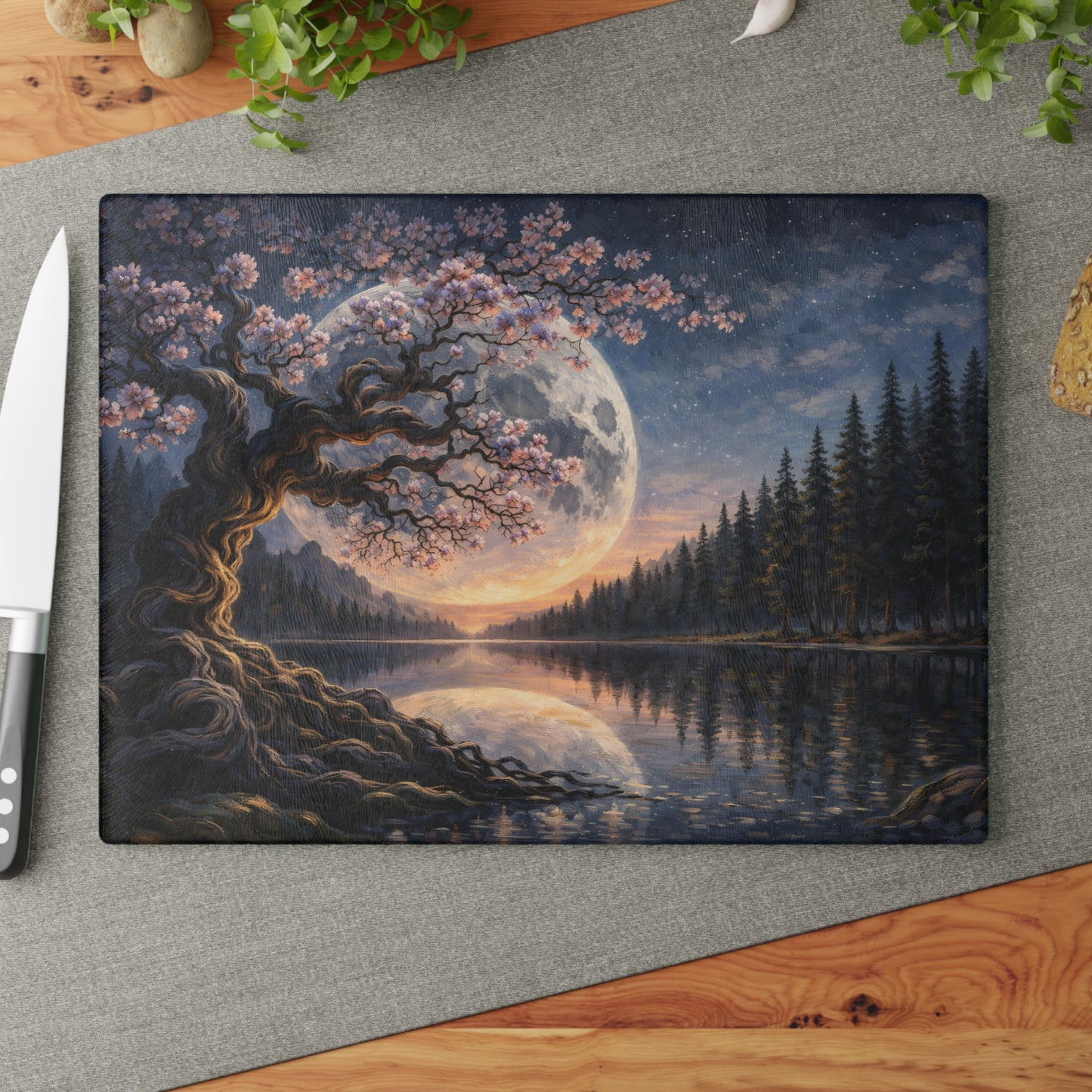 Moonlit Blossom Tree Glass Cutting Board – Dreamlike Night Landscape Art
