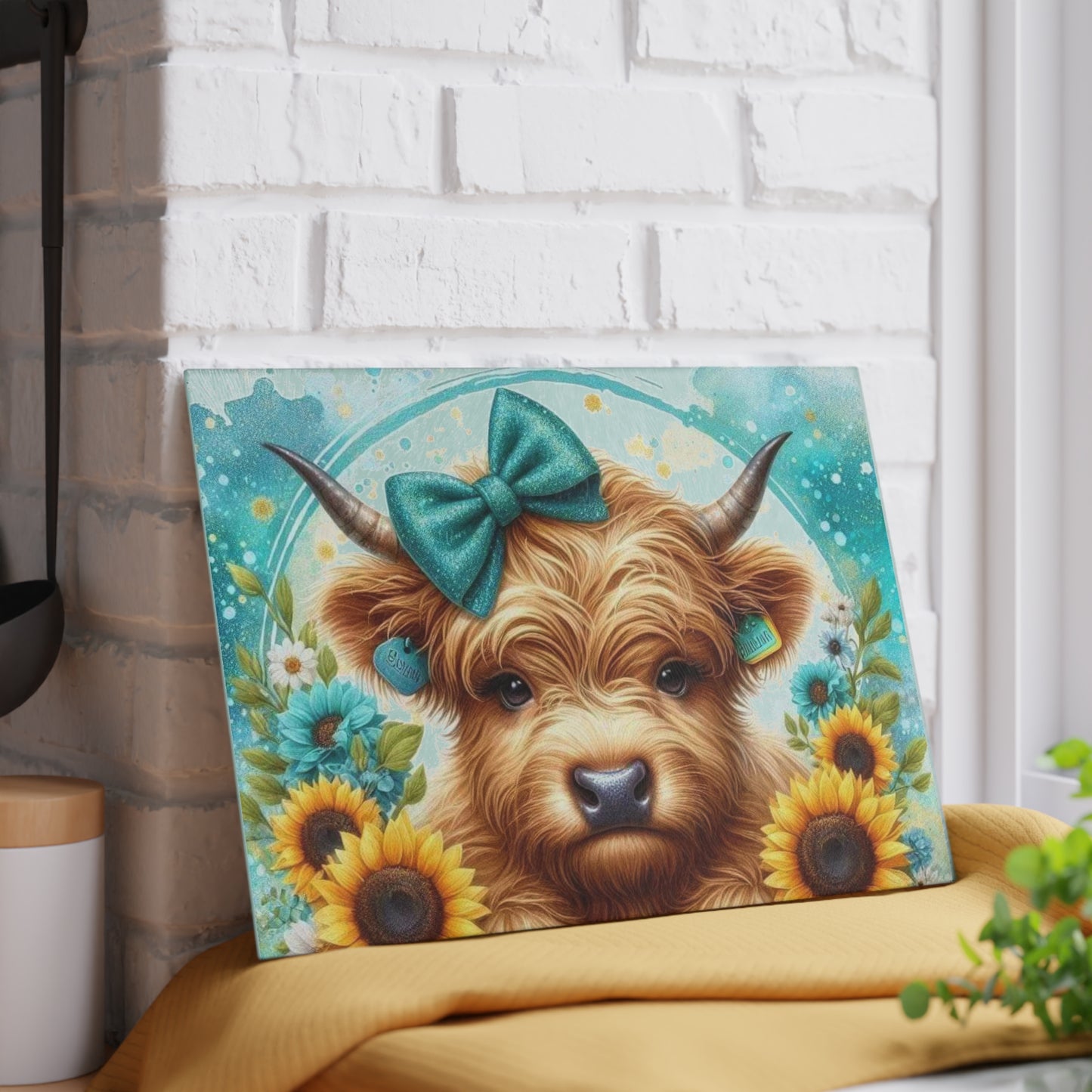 Tabla de cortar de vidrio con diseño de vaca de las Tierras Altas, lazo y girasoles